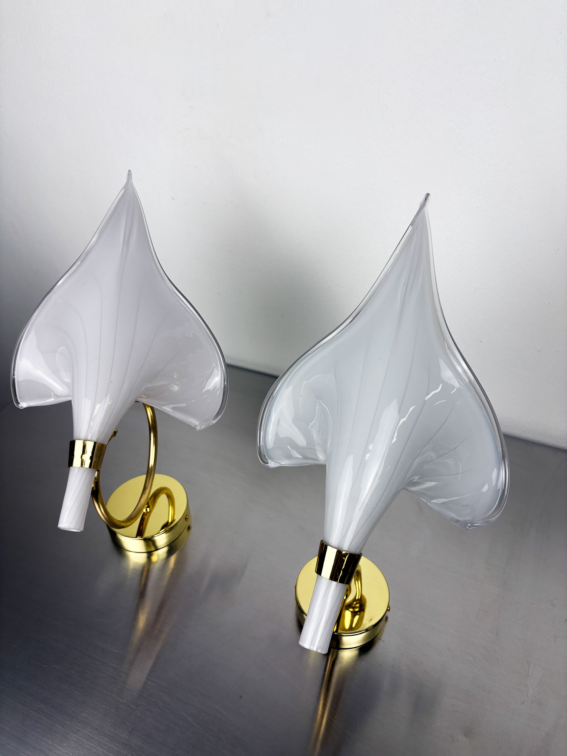 Pair of Italian Hand Blown Murano Glass Calla Lilly wall lights By Franco Luce, 1970's