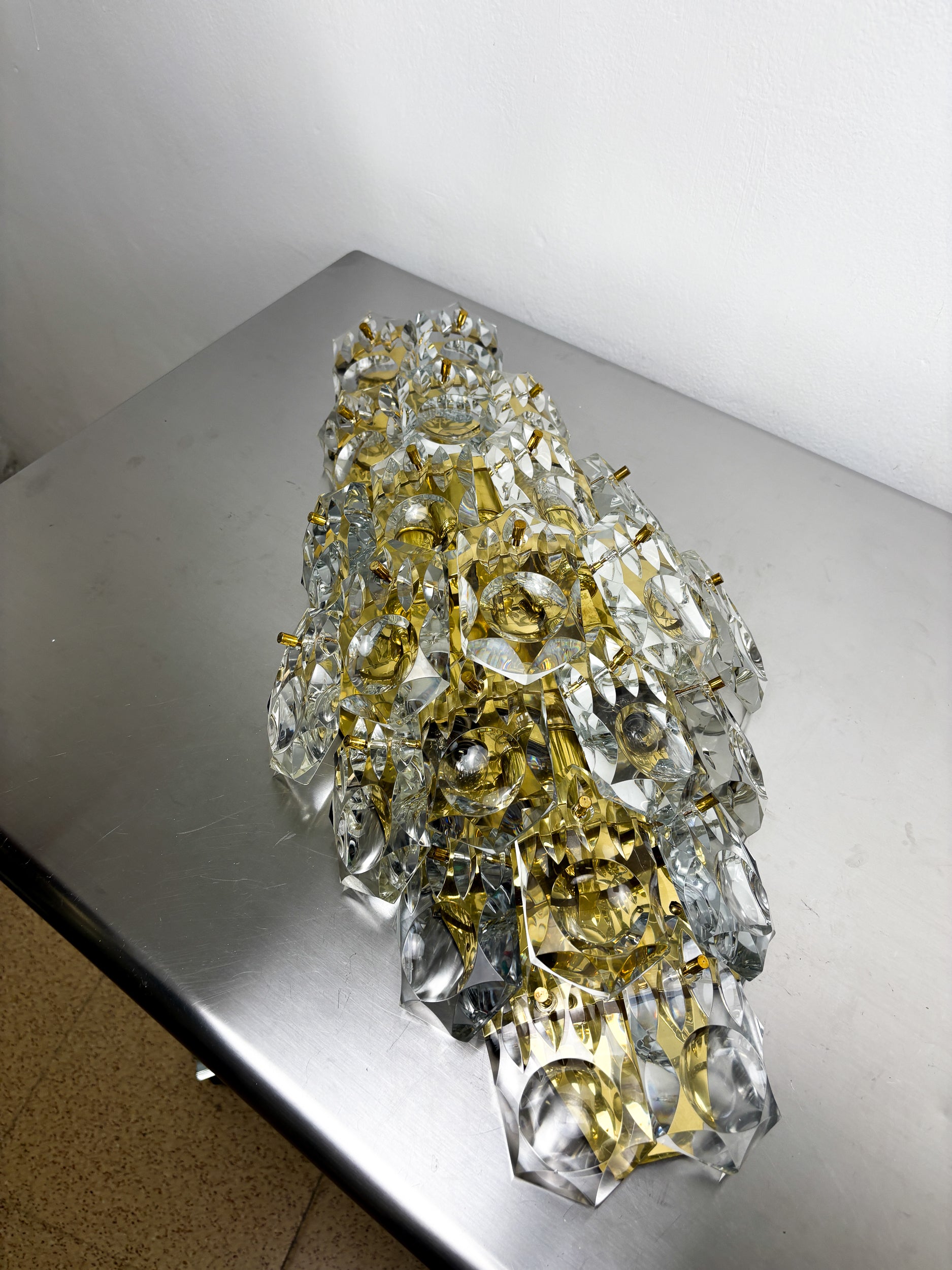 Kinkeldey XL 7-Tier Cut Crystal Wall Sconce, Gilt Brass, Germany, 1970s