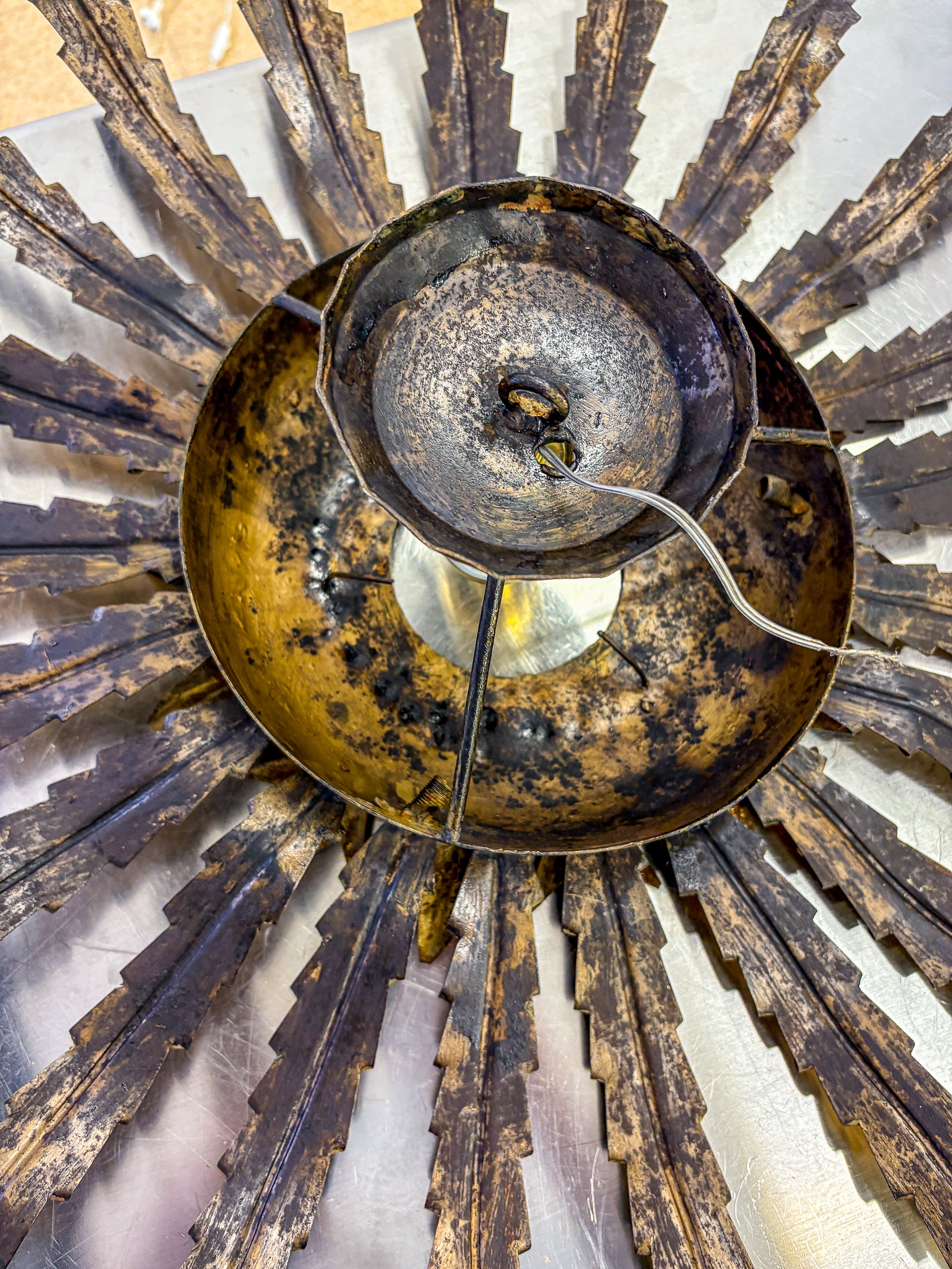 Large French Sunburst Flower Leafed Light Fixture in Gilt Metal, 1960's