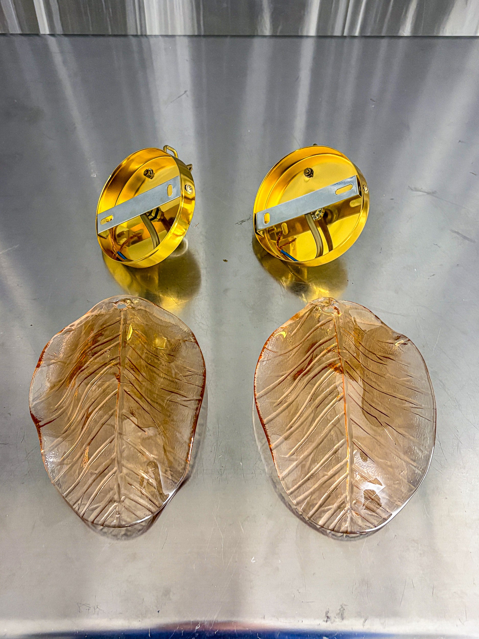 Pair of Italian "Leaf" Murano pink glass wall sconces, Circa 1970's