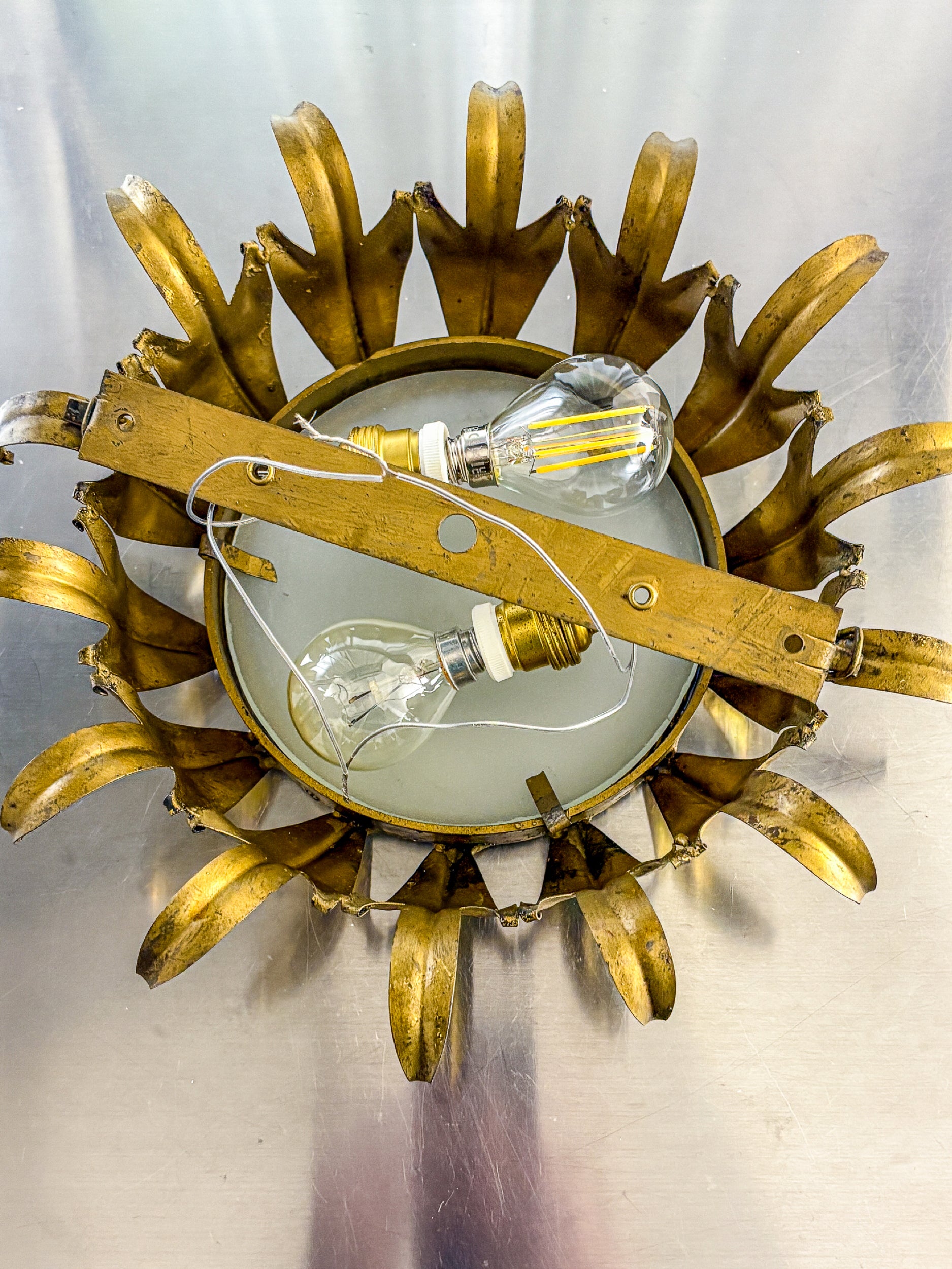 Spanish Crown Sunburst fixture in Gilt Metal and frost Glass, 1950's
