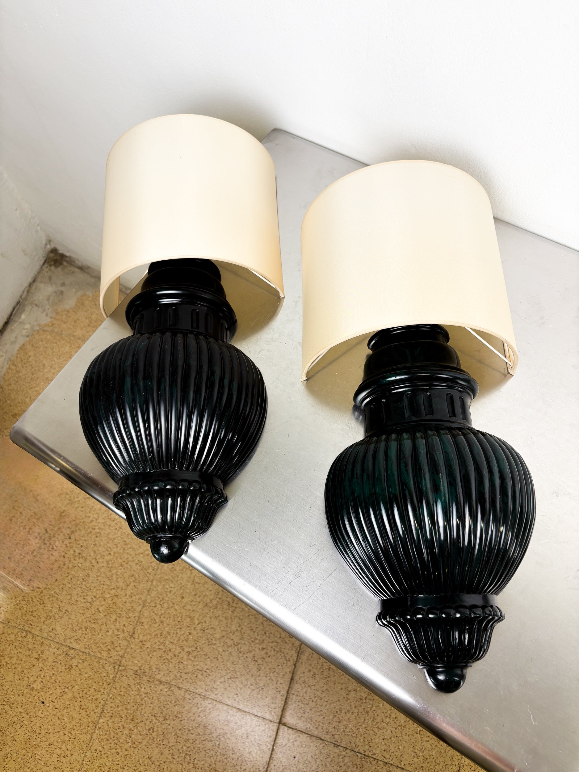 Pair of Art Deco Wall Lights with Shades in Glazed Cast Ceramic, Italy, 1970s