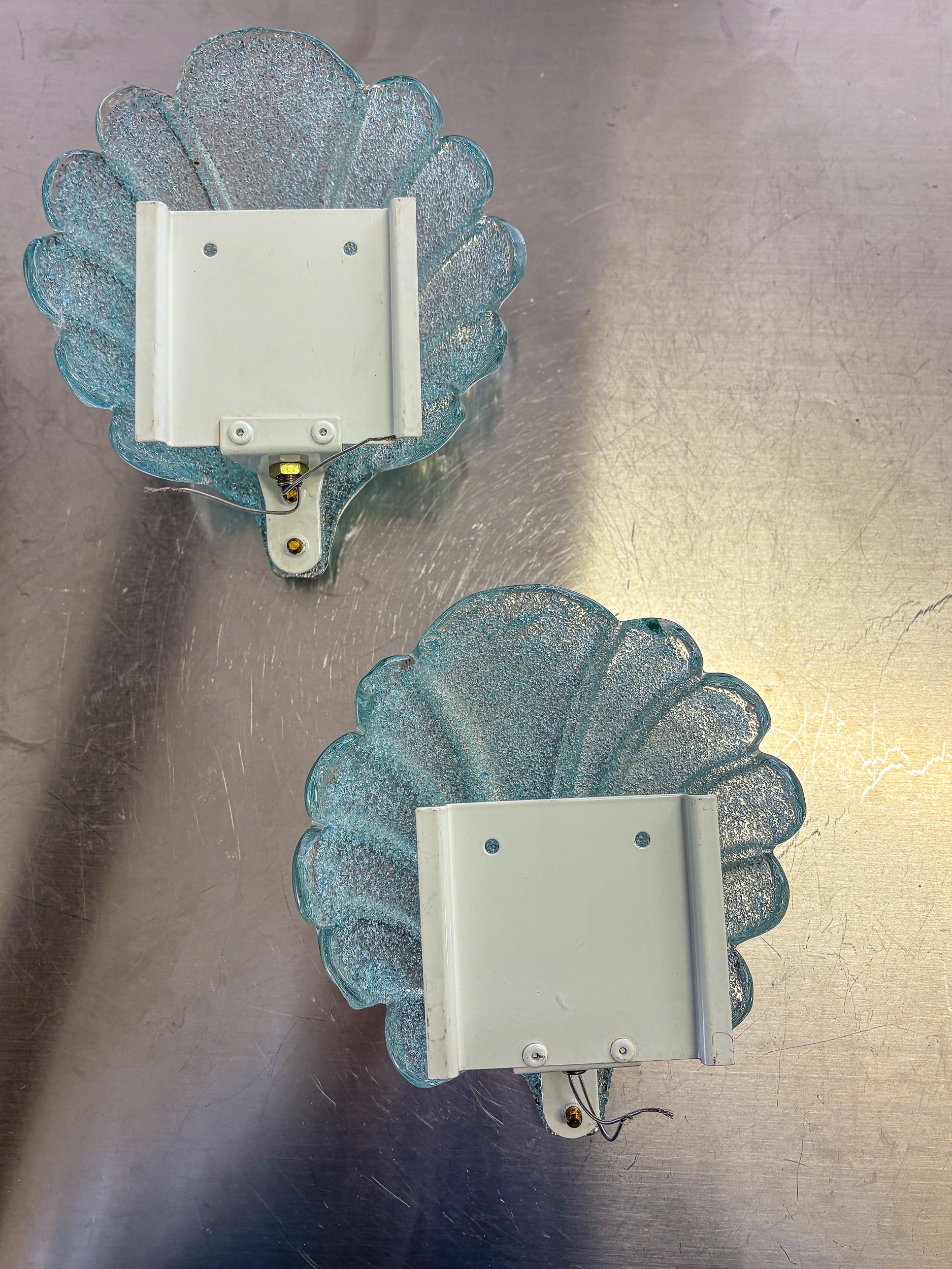Pair of Shell shaped Frosted blue Murano Glass Wall Sconces, Italy, 1970's