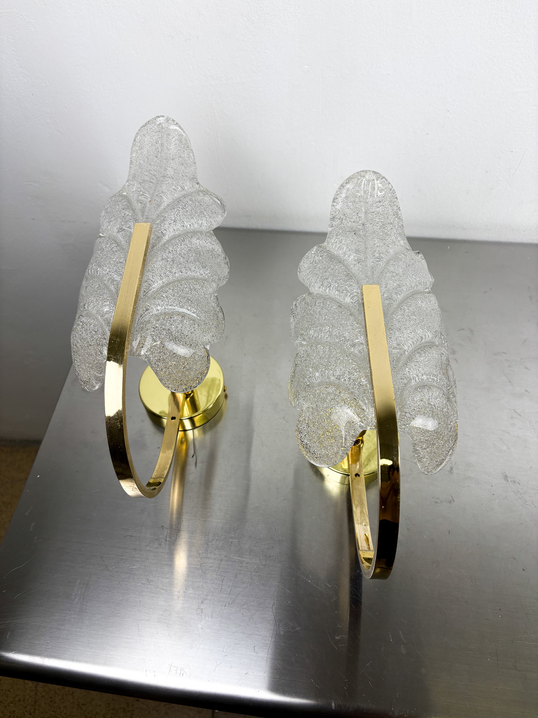 Pair of Murano Frosted Leaf Sconces, Textured Glass & Gilt Brass, Italy, 1970
