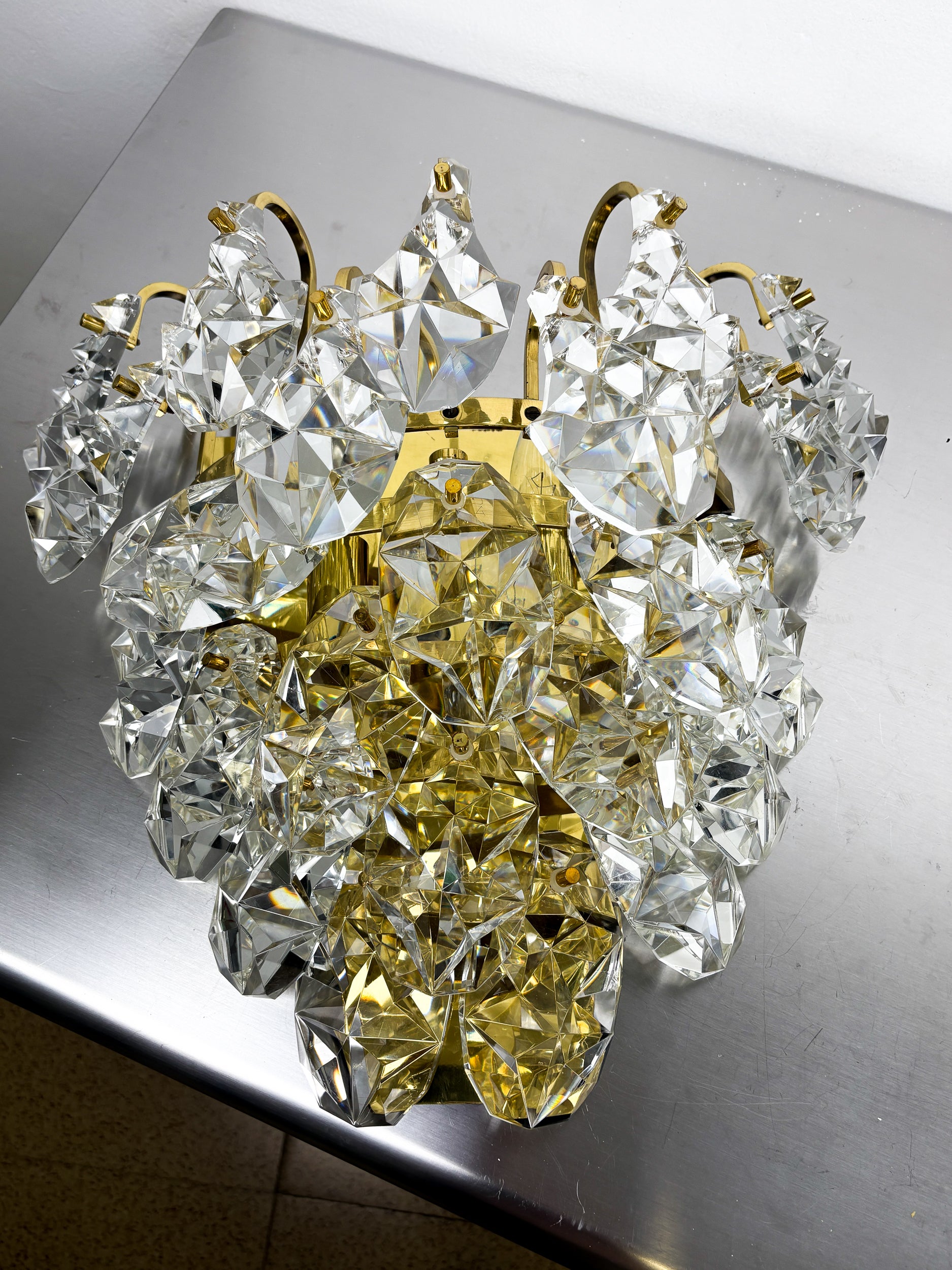 Kinkeldey XL 5-Tier Cut Crystal Wall Sconce, Gilt Brass, Germany, 1970s