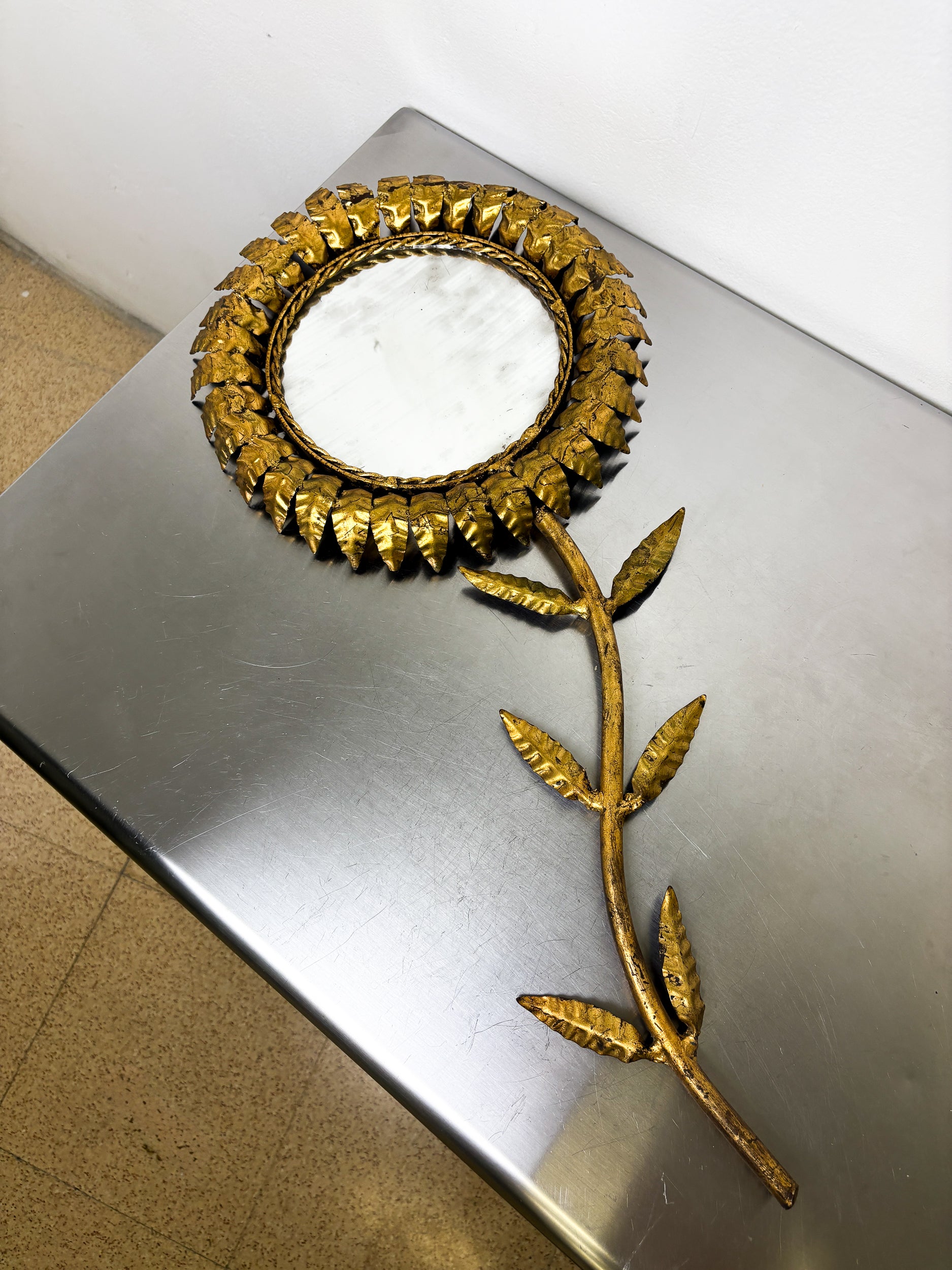 French Sunburst Flower Mirror Wall Decoration, Gilt Iron, 1950