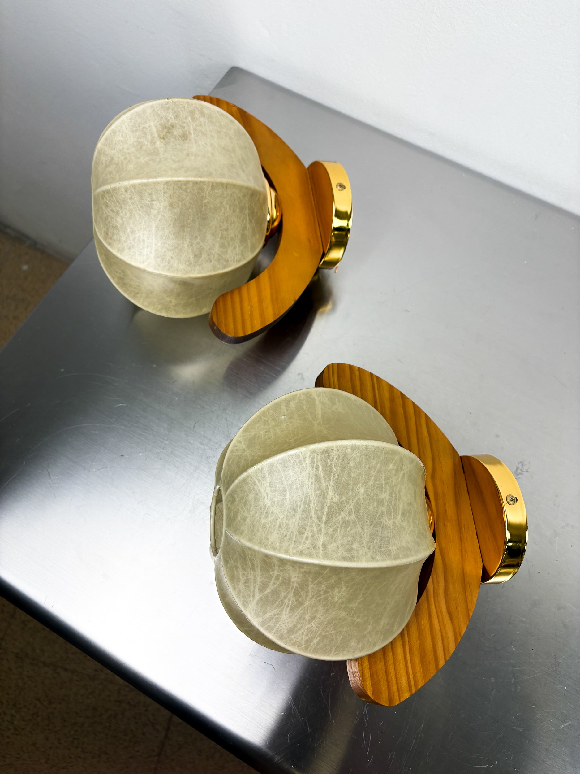Pair of 1960s Cocoon Ceiling Lights or Sconces, Resin & Pine Wood, Italy