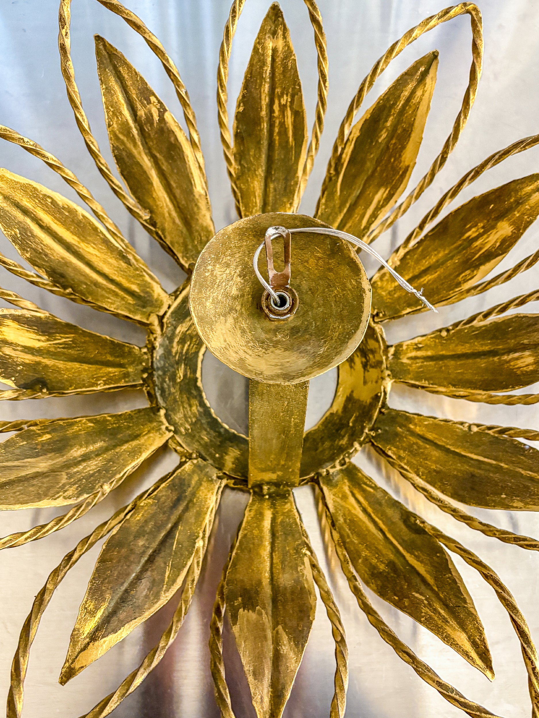 Sunburst ceiling light fixture or sconce, Gilt Iron & Exposed Bulb France, 1970's