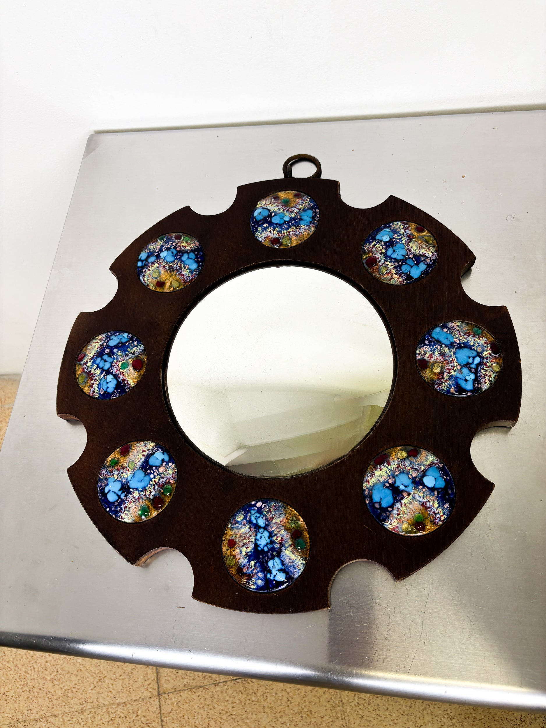 Modernist Wood and Enamel Mirror by J. Capo Esmaltes, Spain, 1970's