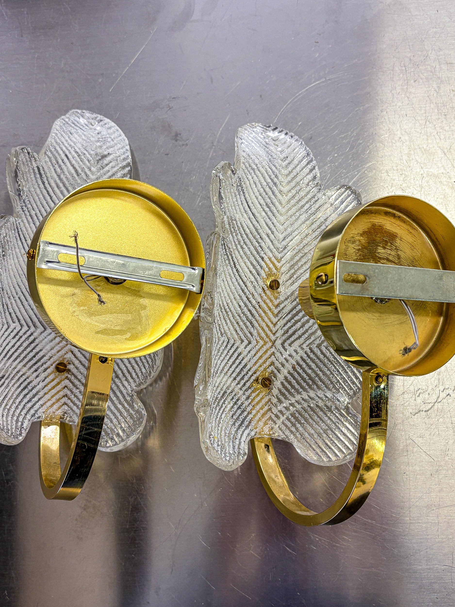Pair of Italian Leaf wall Sconces, frosted murano Glass & Gilt Details, Circa 1970's