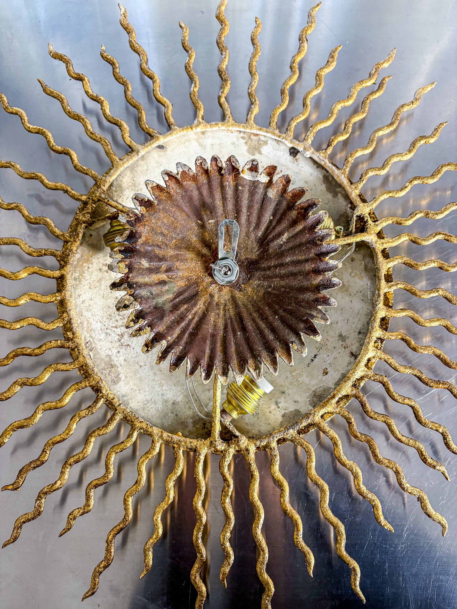 French Gilt Metal Sunburst Light Fixture, Gilbert Poillerat, 1930s France