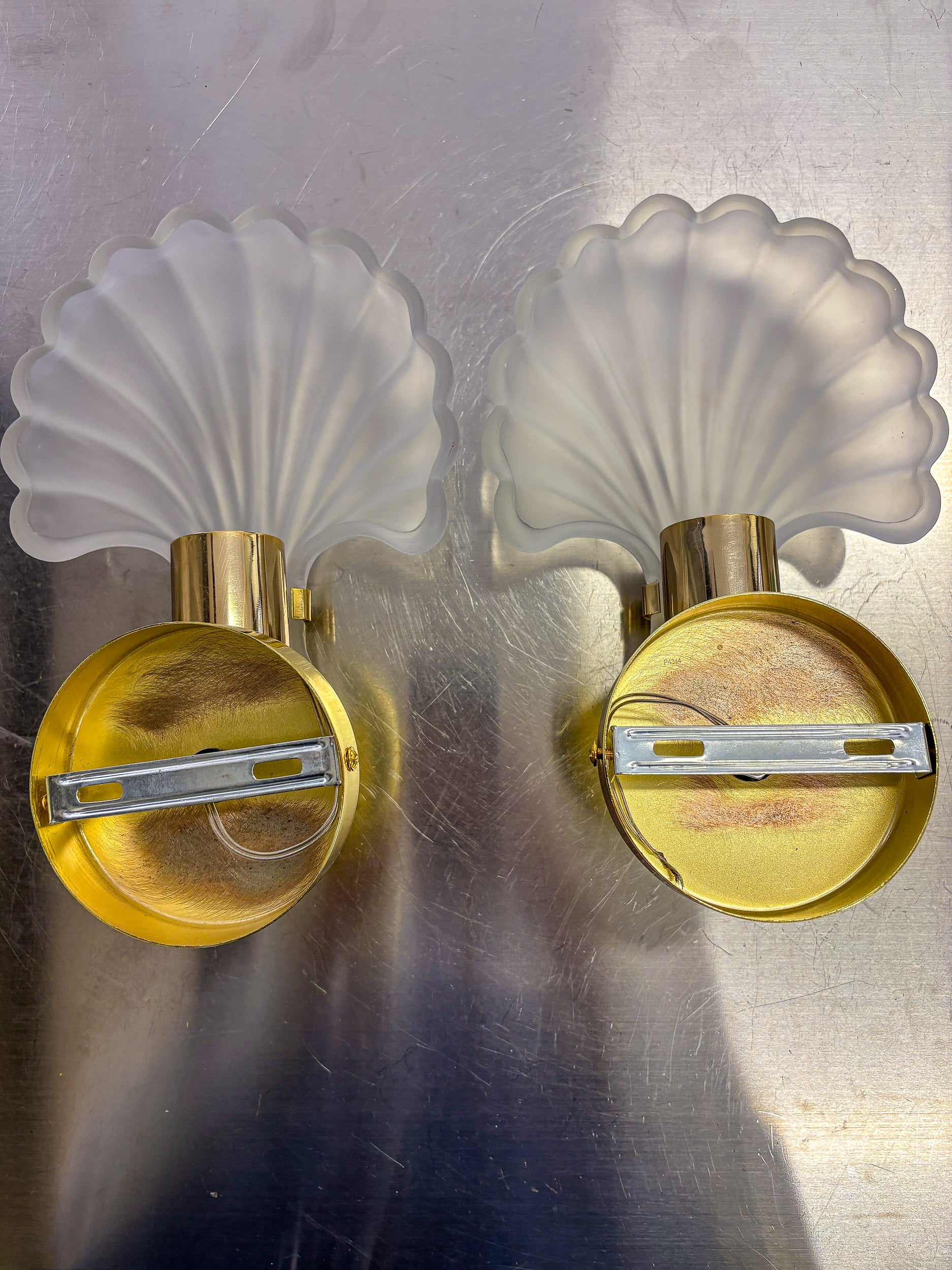 Pair of Art Deco Shell Wall Sconces – White frosted Glass, France 1970s