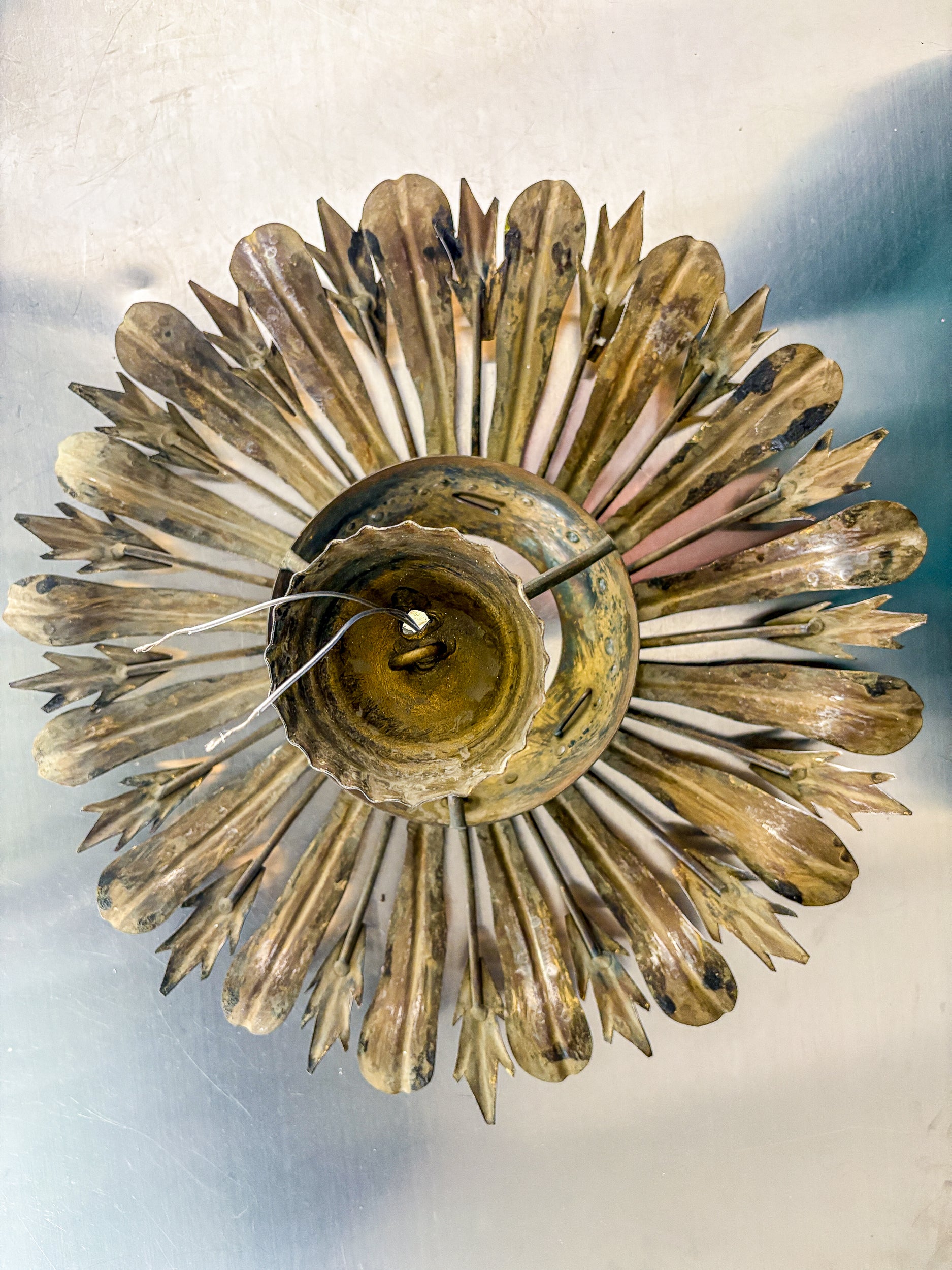 Midcentury Sunburst Floral Flush Mount Light Fixture, Gilt Iron, Italy, 1940's