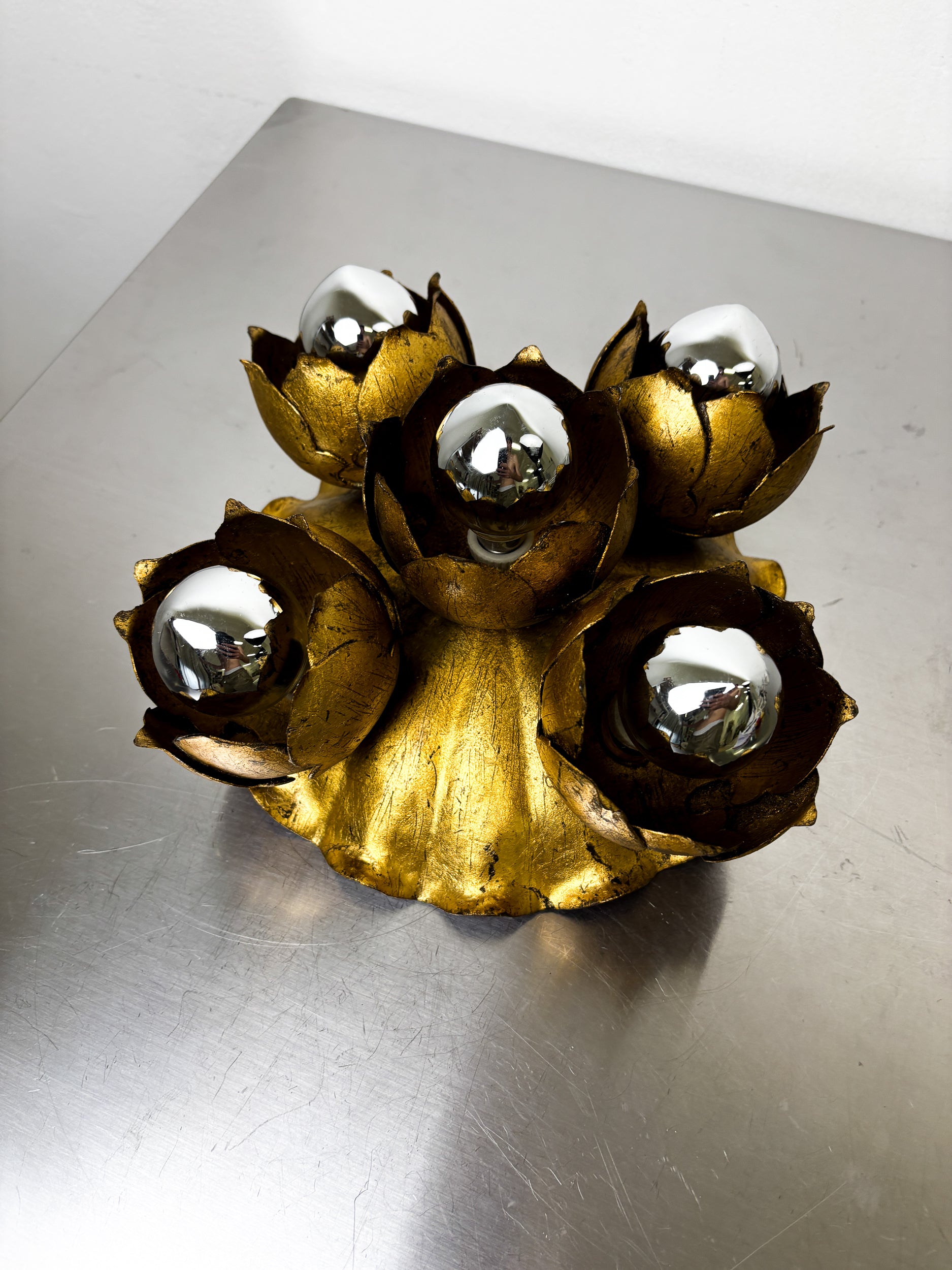 Pair of French Floral Bouquet Five-Light Ceiling or Wall light, Gilt Iron, 1940s