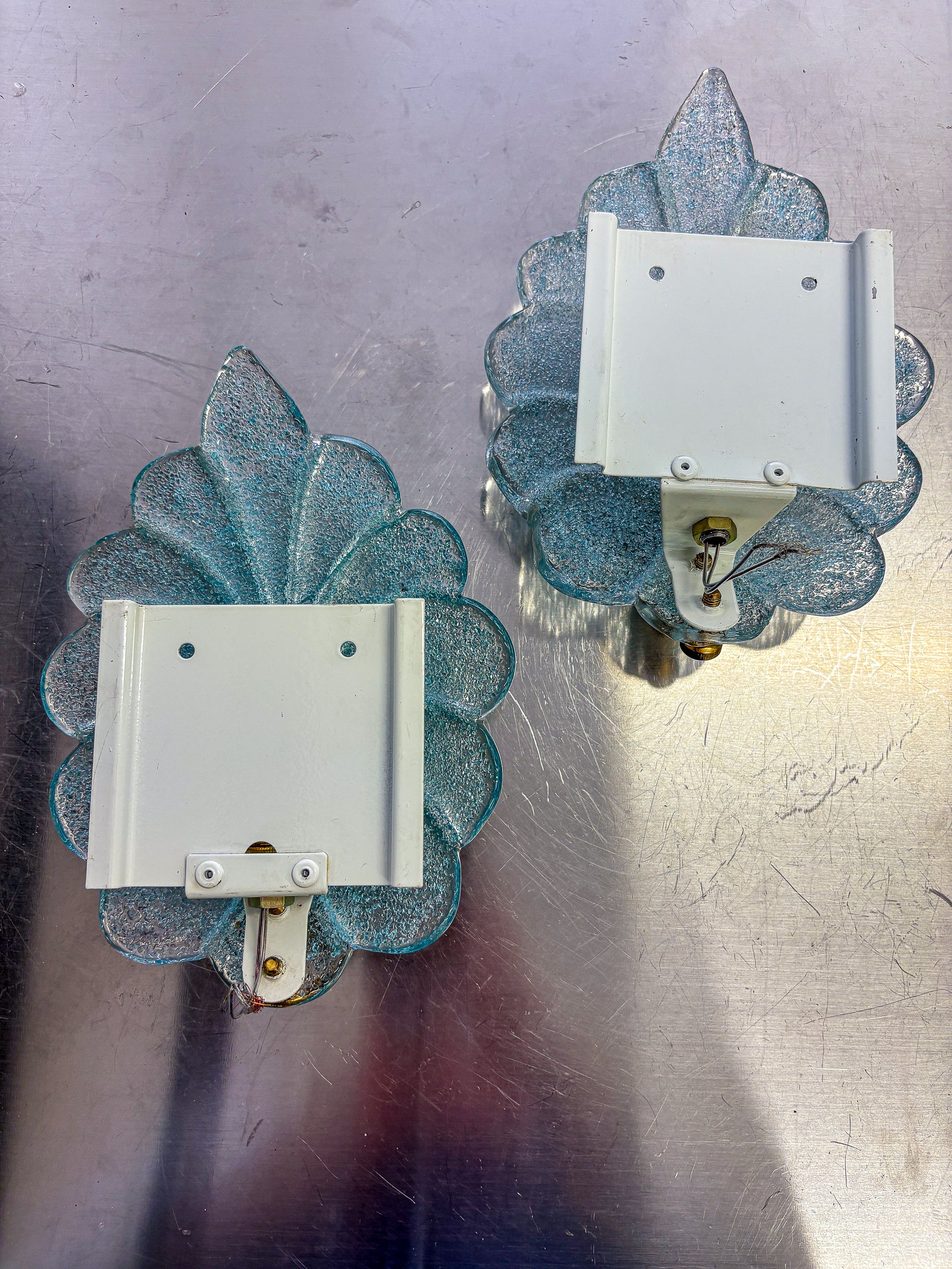 Pair of Barovier & Toso Leaf-Shaped Wall Sconces, Light Blue Murano Glass, Italy, 1960's