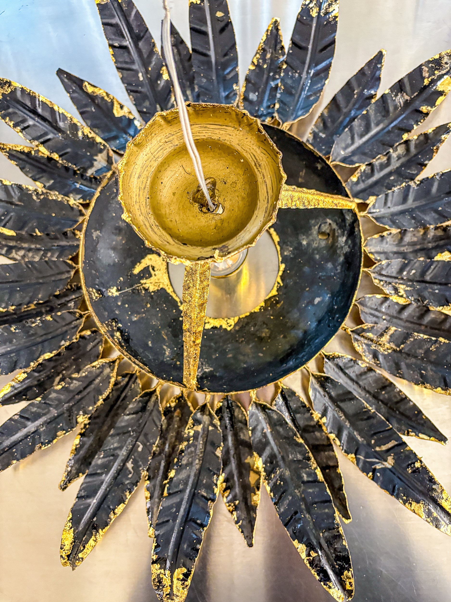 Spanish Sunburst ceiling light fixture or sconce in Gilt Wrought Iron, Circa 1950's