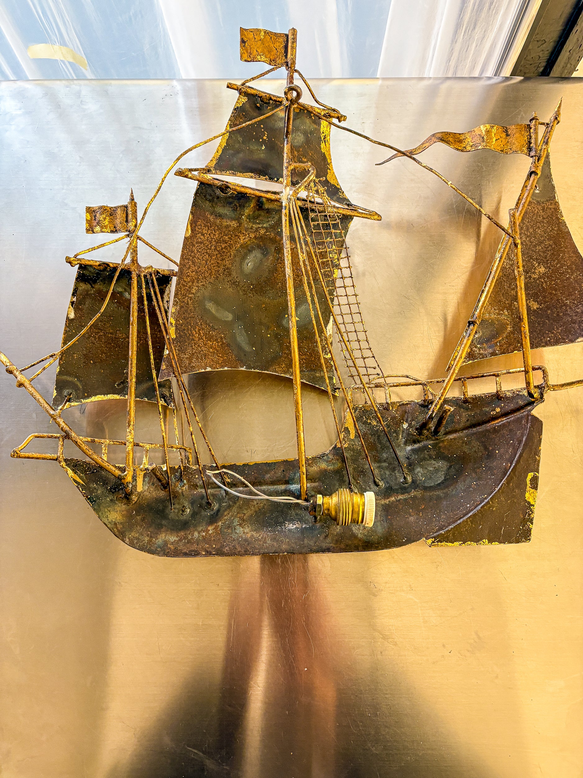 Spanish Galleon Sailing Ship Wall Sconce, Gilt Iron Sculpture, 1940s