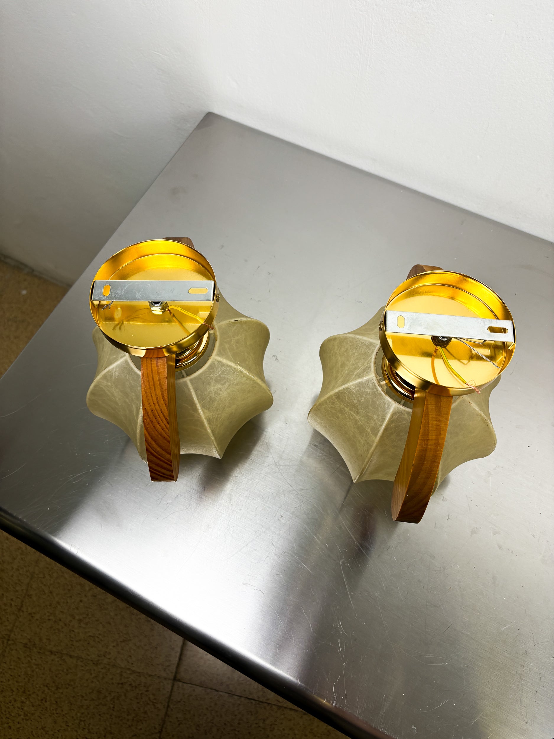 Pair of 1960s Cocoon Ceiling Lights or Sconces, Resin & Pine Wood, Italy