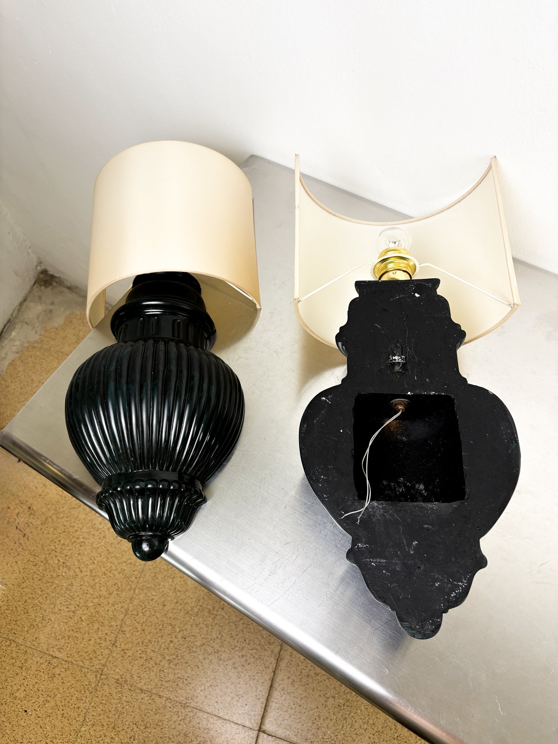 Pair of Art Deco Wall Lights with Shades in Glazed Cast Ceramic, Italy, 1970s