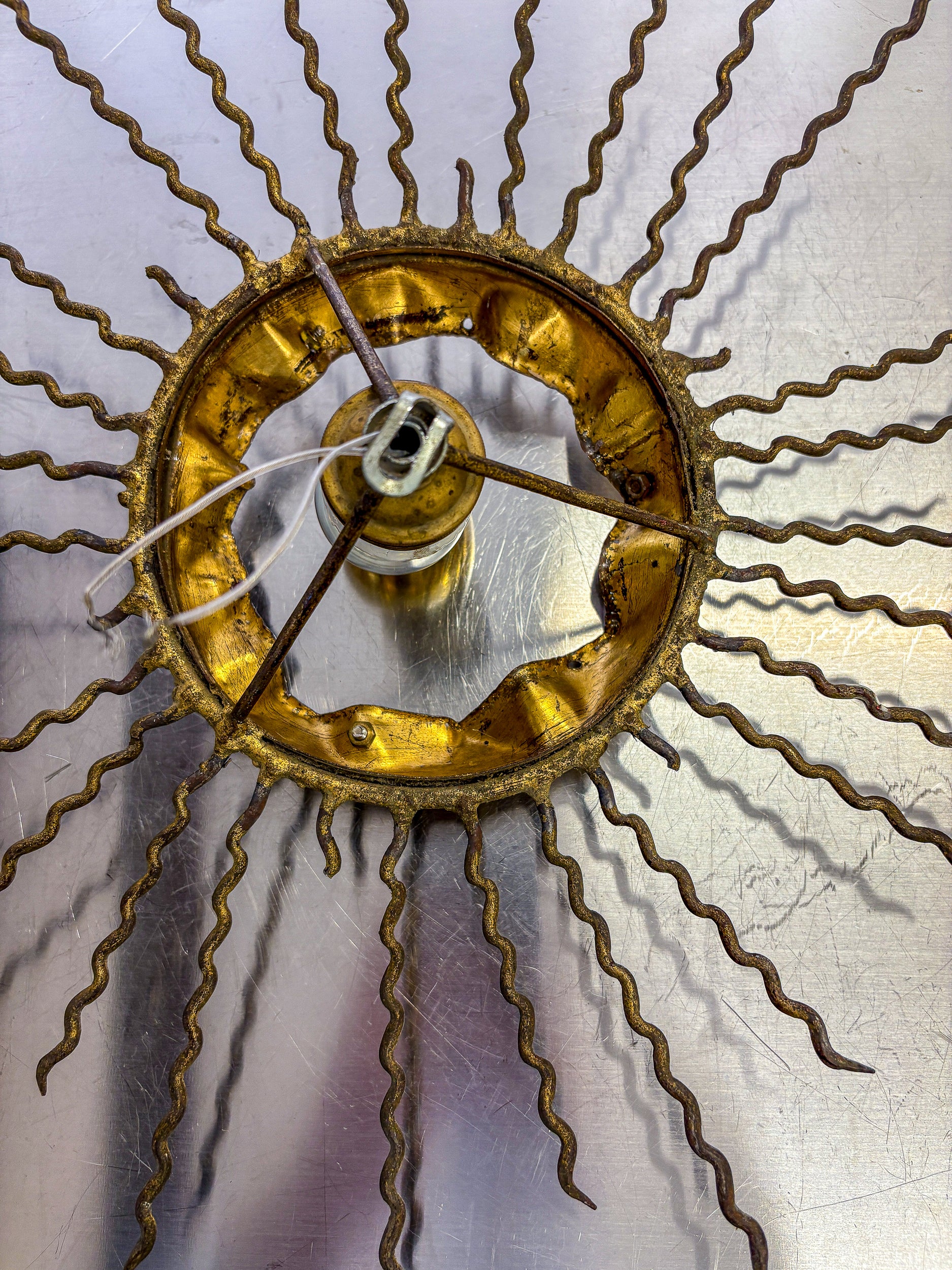 Spanish Sunburst Ceiling Light – Gilt Iron Rays & Exposed Bulb, 1960s