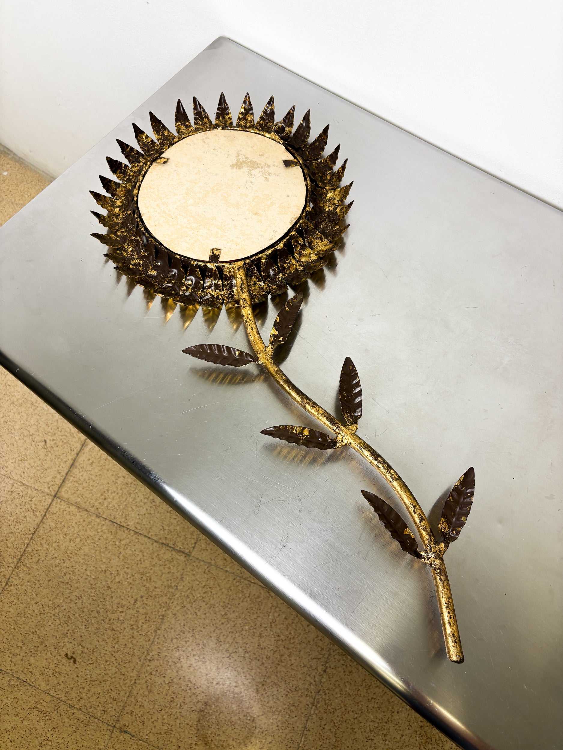 French Sunburst Flower Mirror Wall Decoration, Gilt Iron, 1950