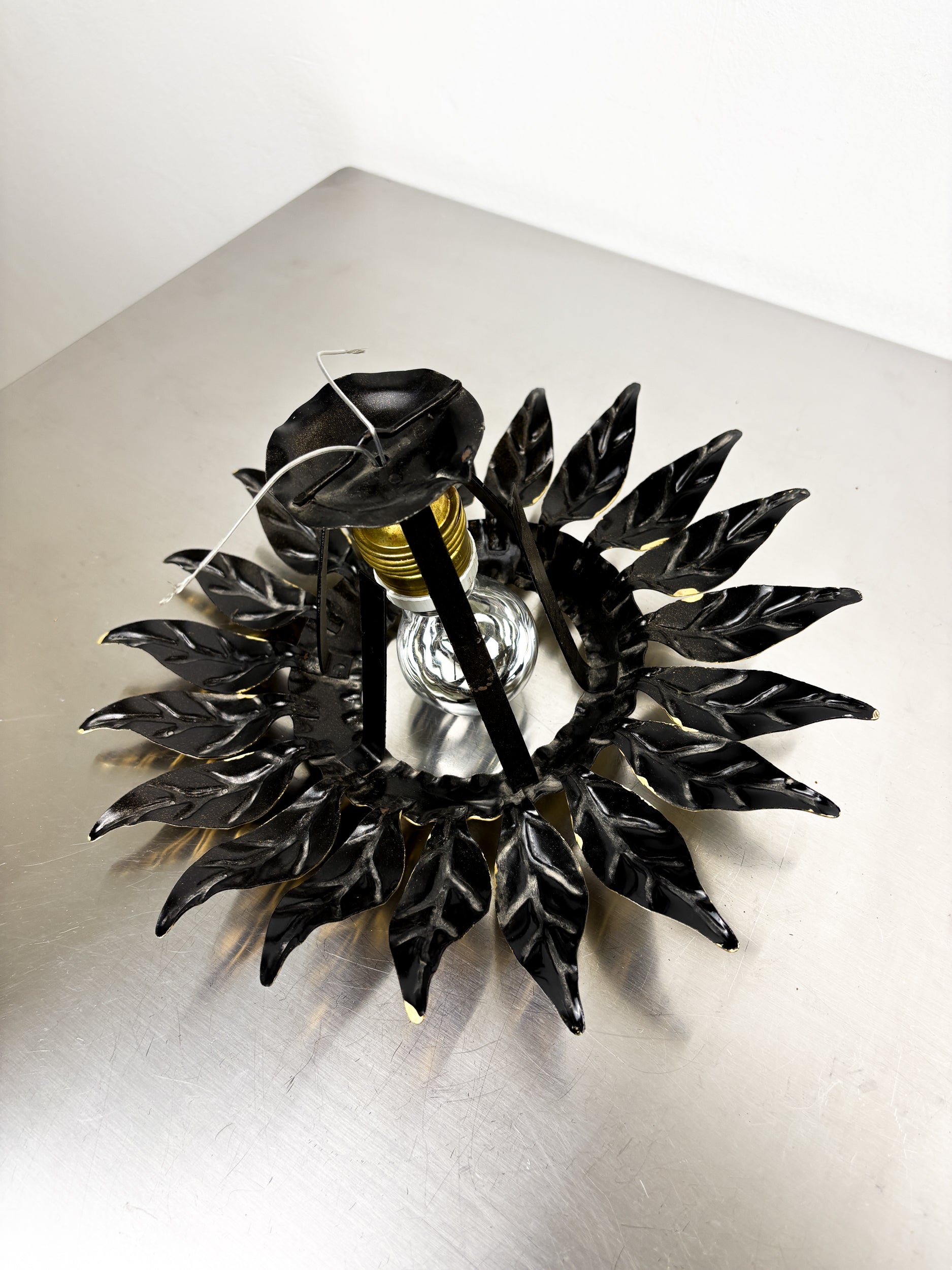 Sunburst ceiling light fixture or sconce in Gilt Wrought Iron, Spain, Circa 1960's