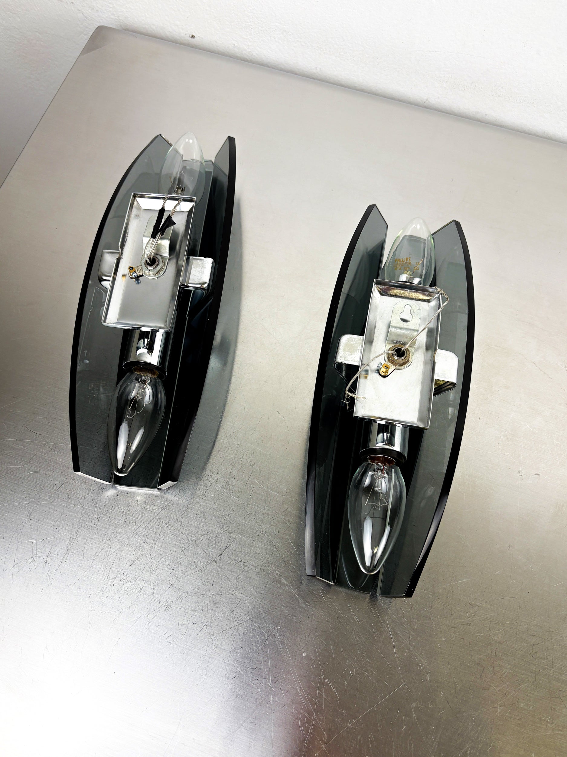 Pair of Veca Wall Sconces, Black Murano Glass, Italy, 1970s