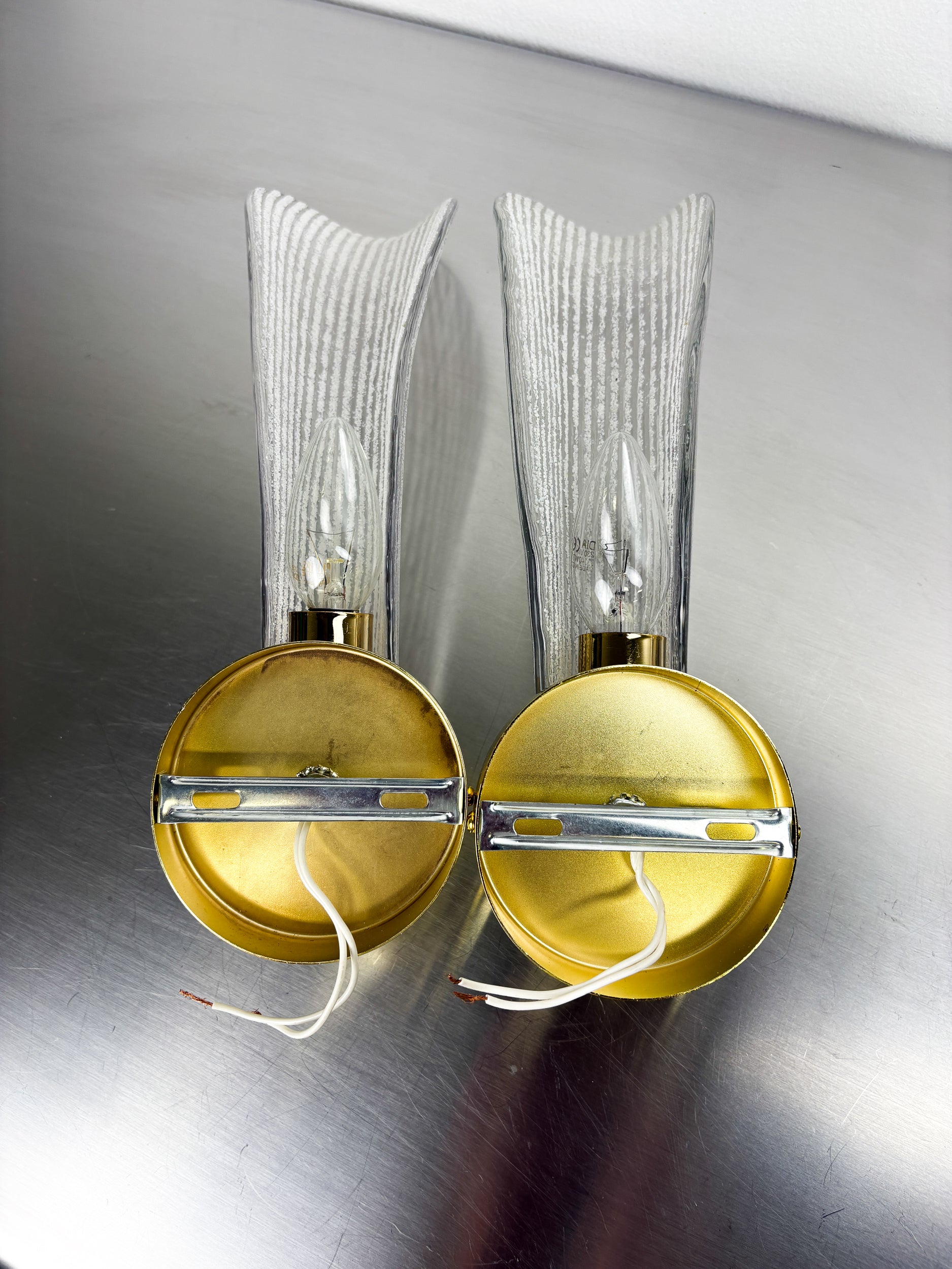 Pair of Murano Frosted Glass Leaf Sconces, Gilt Brass, Italy, 1970s