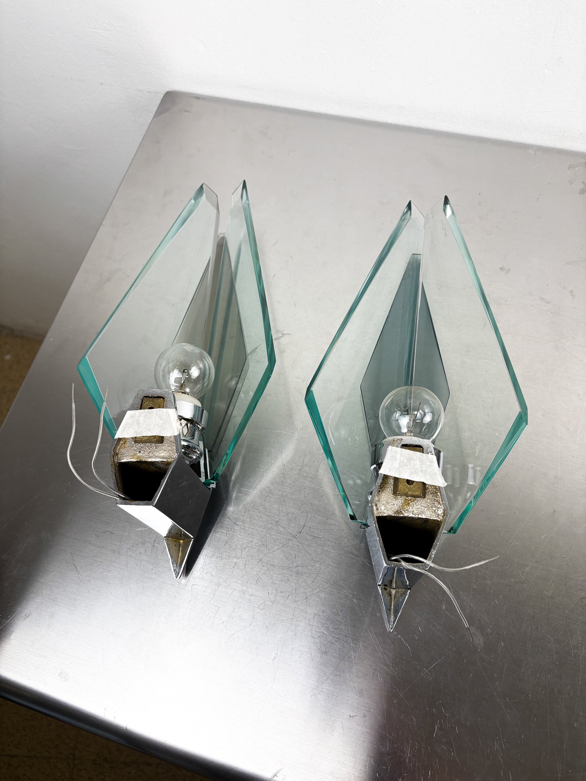 Pair of Veca sconces, murano blue cut glass & black lucite, Italy, Circa 1970's