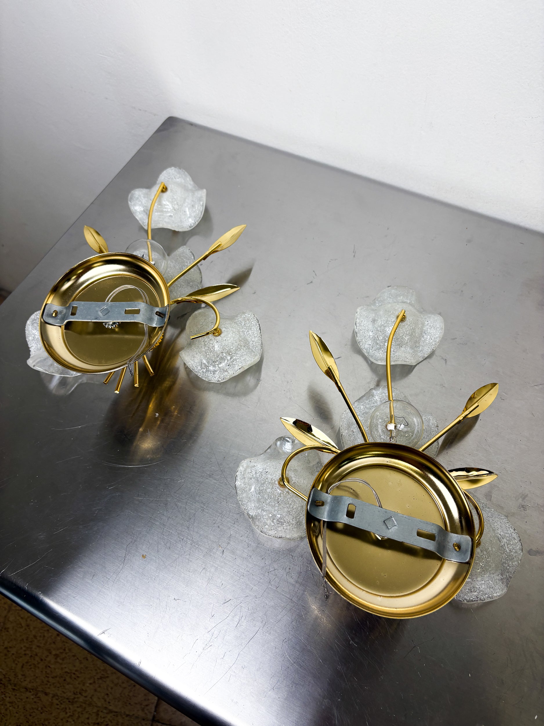 Pair of Hibiscus floral Sconces, Frosted Murano Glass, Italy, 1970s