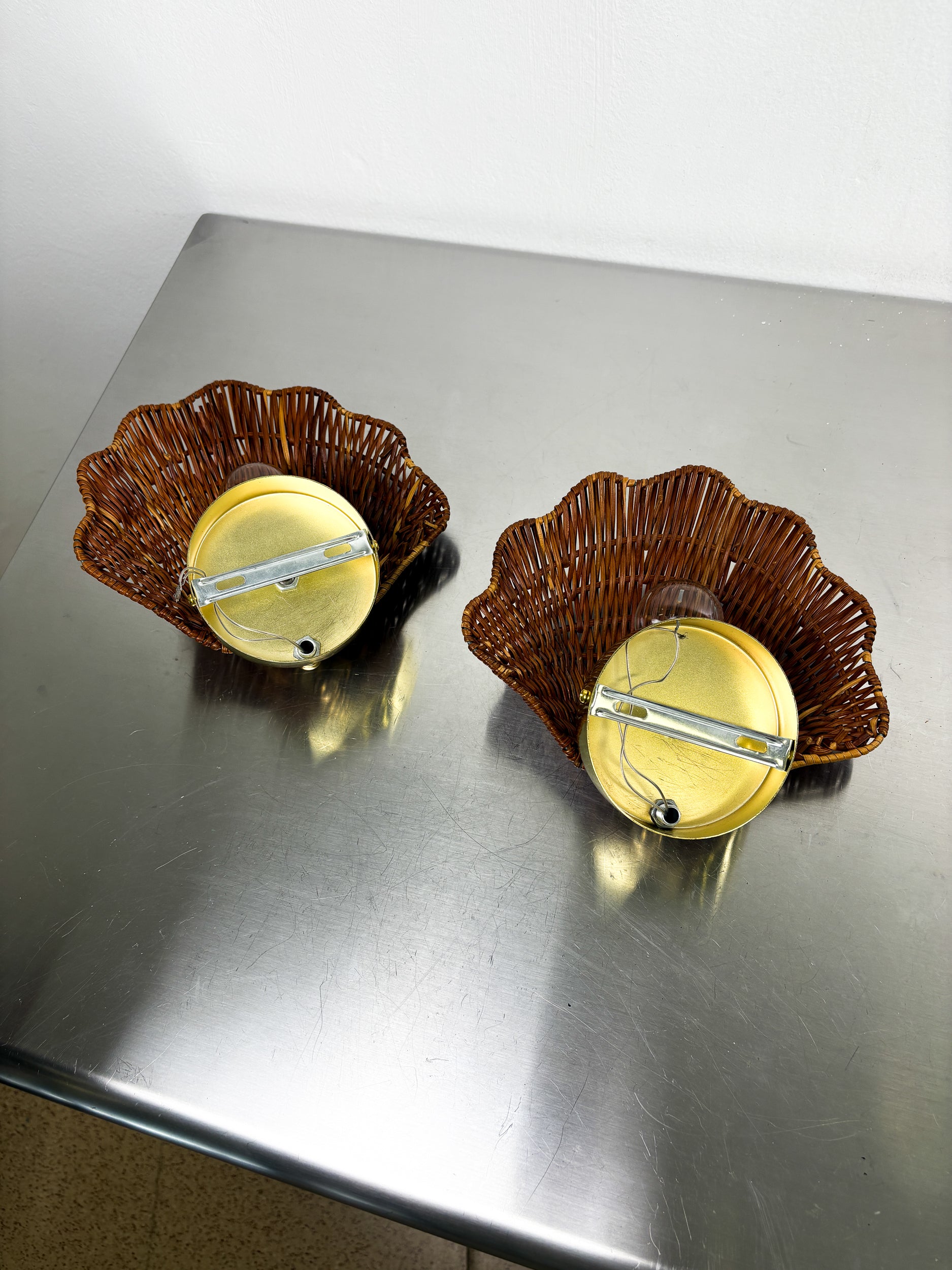 Pair of Shell-Shaped Wicker Wall Sconces – Rattan & Brass, Circa Italy 1970