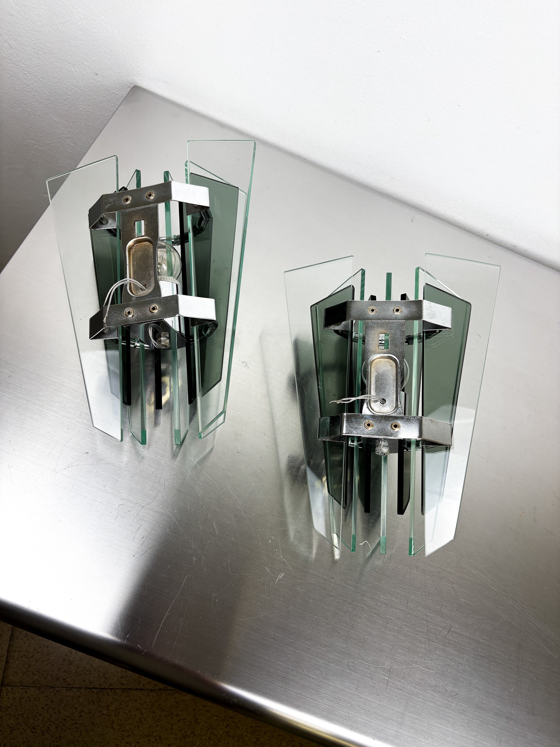Pair of Veca Wall Lamps – Green Murano Cut Glass, Italy 1970