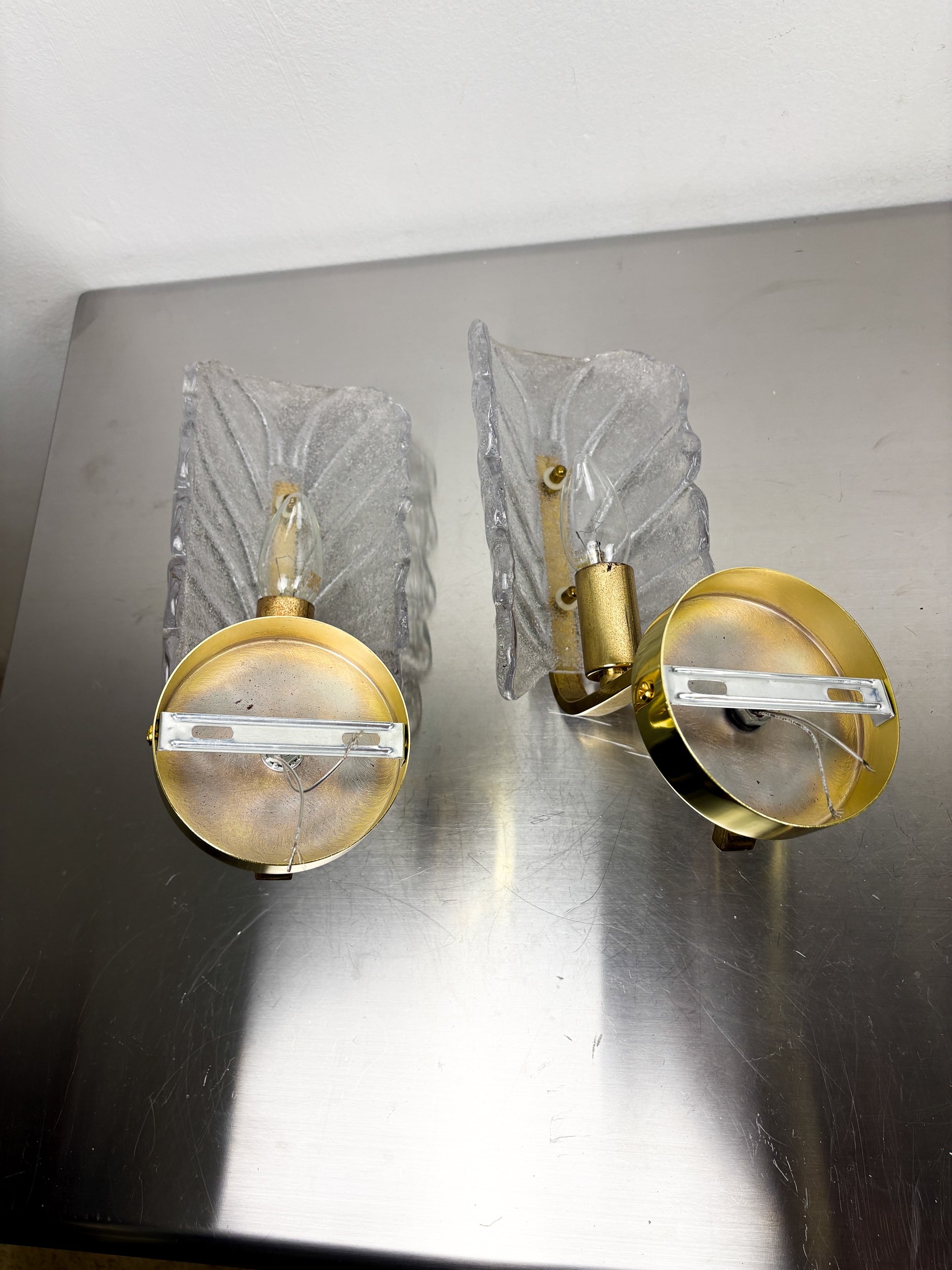 Pair of Murano Frosted Leaf Sconces, Textured Glass & Gilt Brass, Italy, Circa's 1970