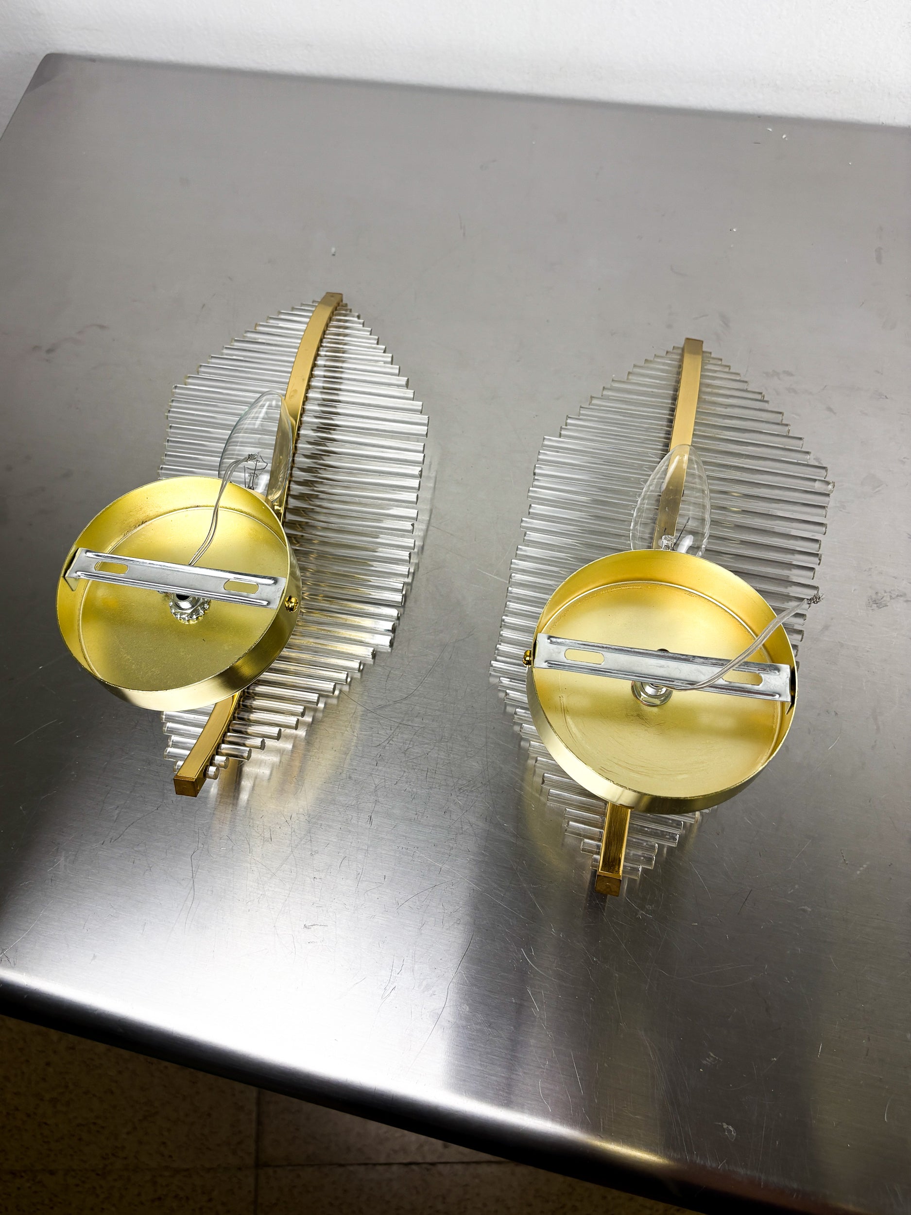 Pair of Venini Floral Wall Sconces, Gilt Brass & Murano Tubular Glass, Italy, 1970s