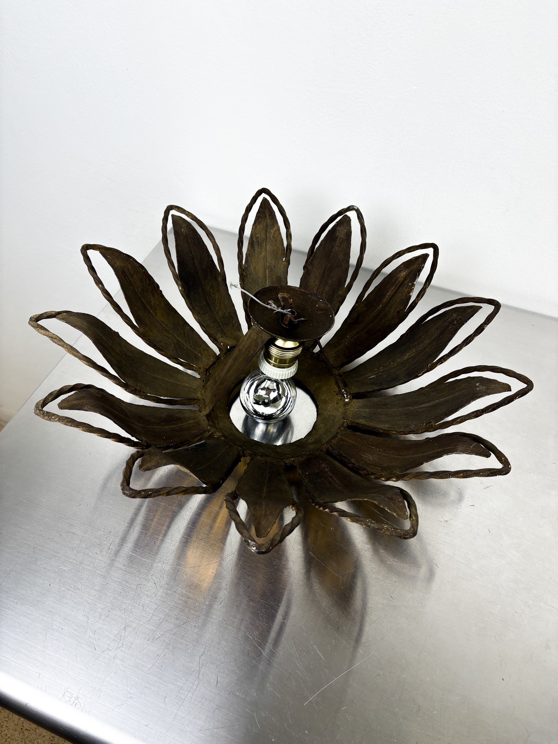 Spanish Sunburst ceiling light fixture or sconce in Gilt Iron, Circa 1960