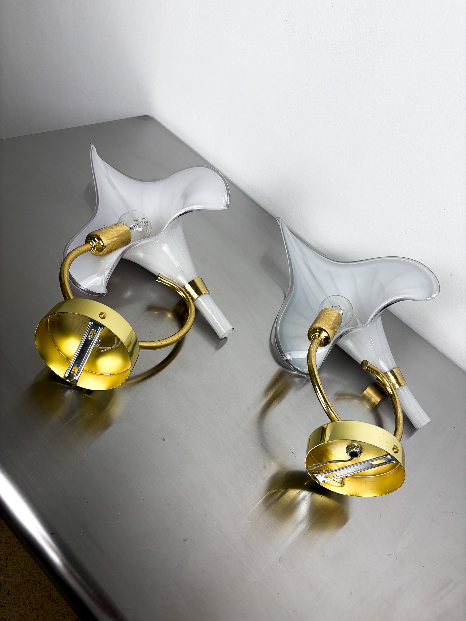 Pair of Italian Hand Blown Murano Glass Calla Lilly wall lights By Franco Luce, 1970's