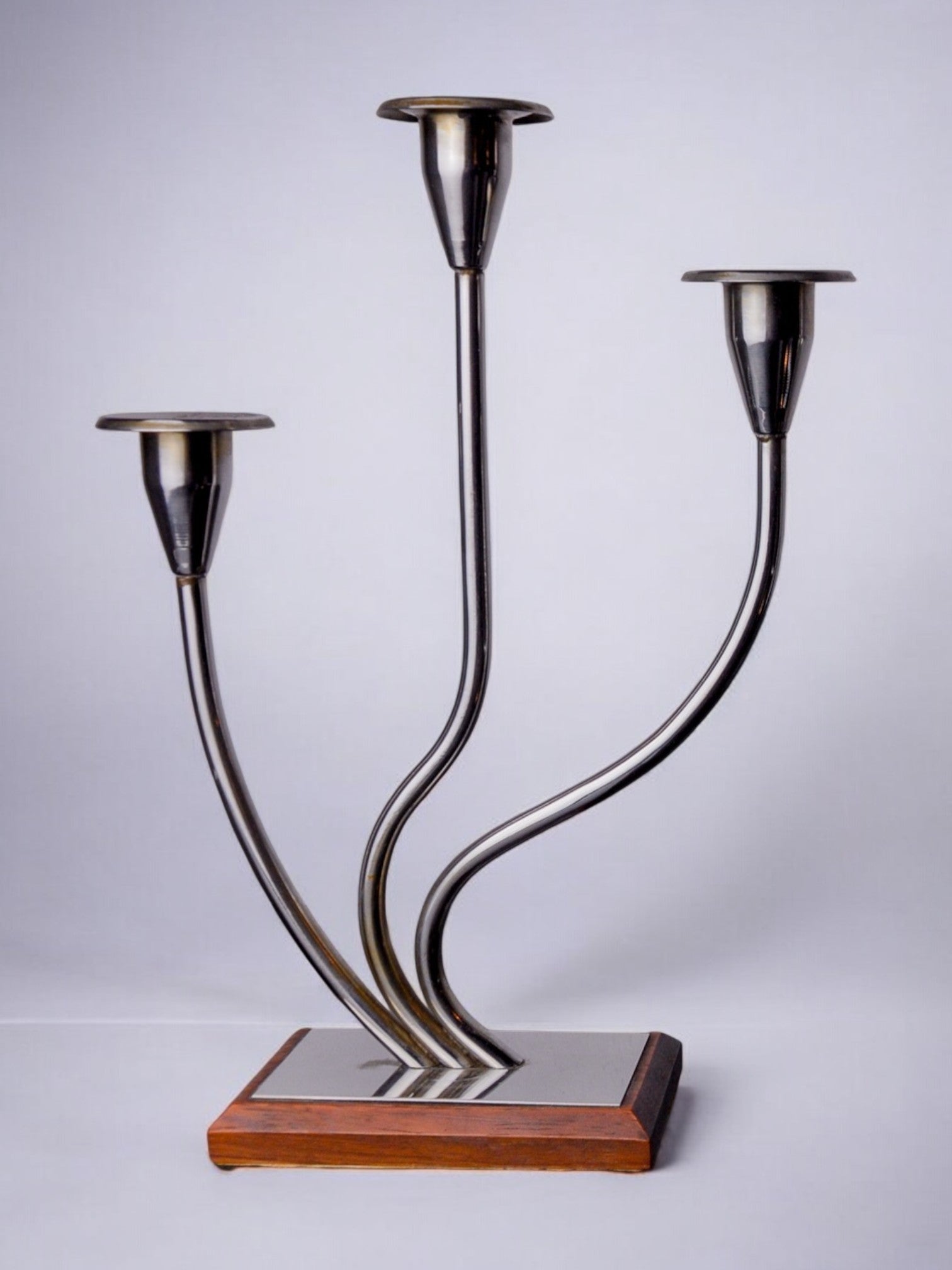 Art deco candlestick in stainless steel and rosewood 3 flames, Spain, 1970