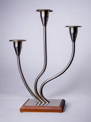 Art deco candlestick in stainless steel and rosewood 3 flames, Spain, 1970
