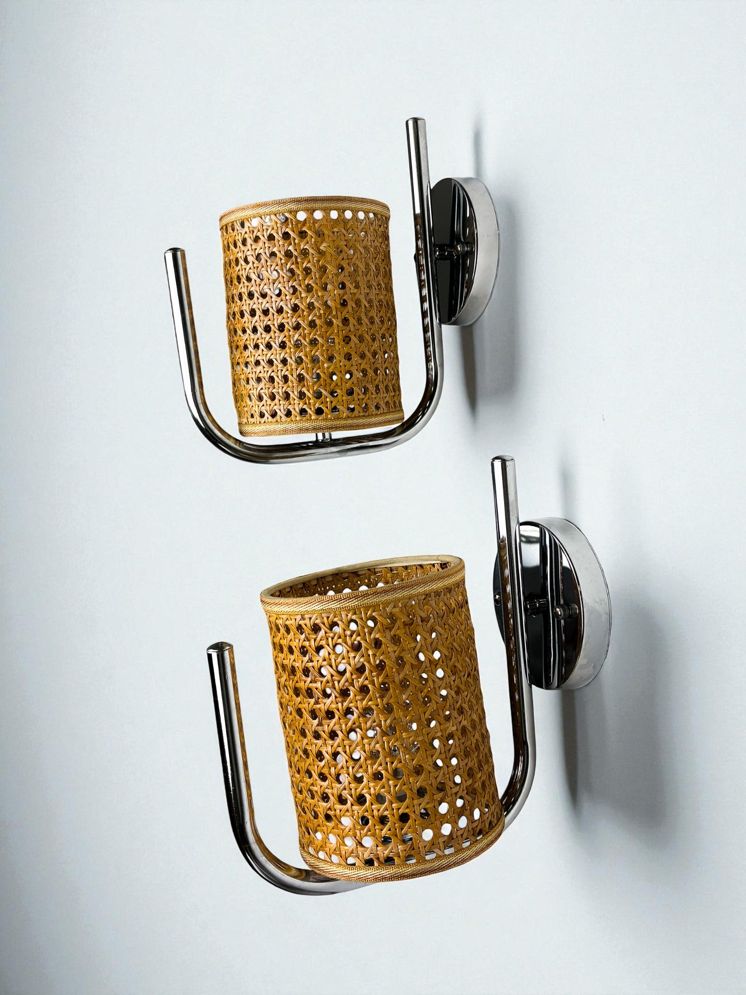 Pair of Vintage Rattan & Chrome Wall Lights, Italy, 1970's