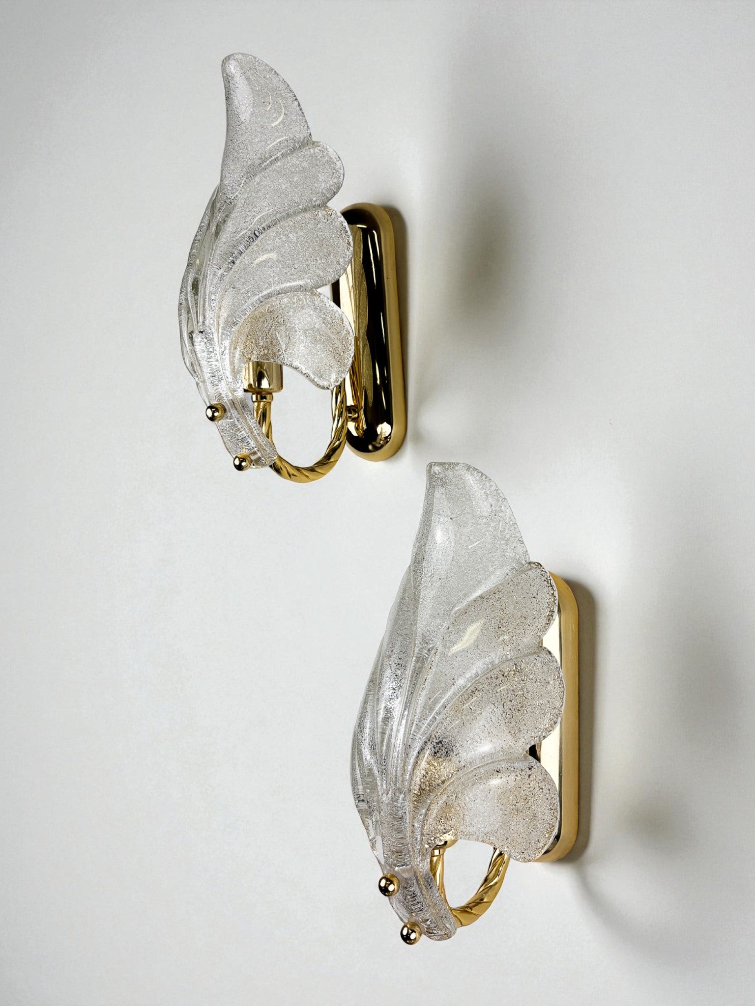 Pair of Murano Frosted Leaf Sconces, Textured Glass & Gilt Brass, Italy, 1970s