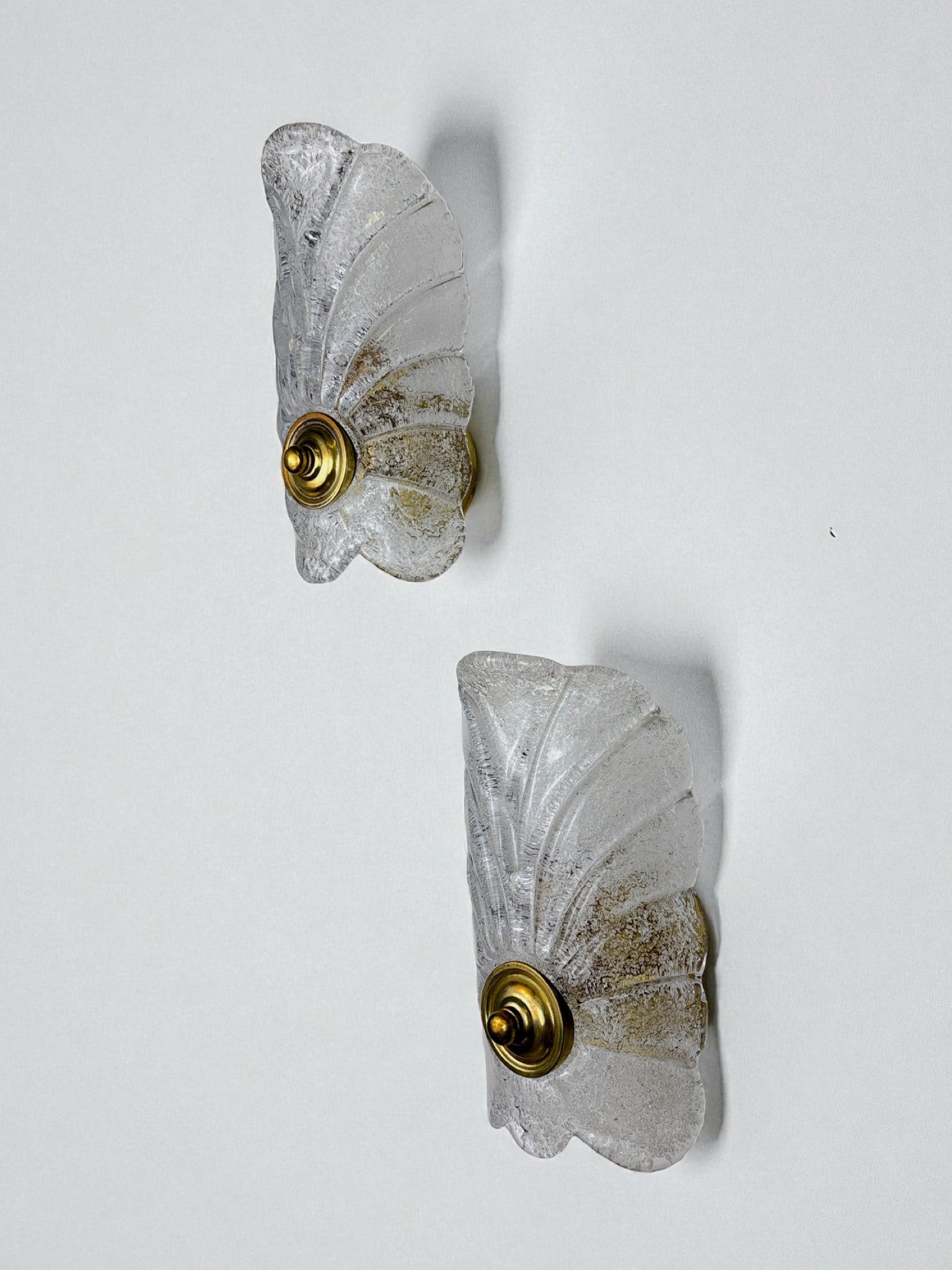 Pair of Murano Frosted Leaf Sconces, Textured Glass & Gilt Details, Italy 1970's
