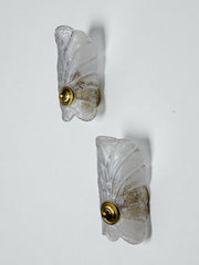 Pair of Murano Frosted Leaf Sconces, Textured Glass & Gilt Details, Italy 1970's