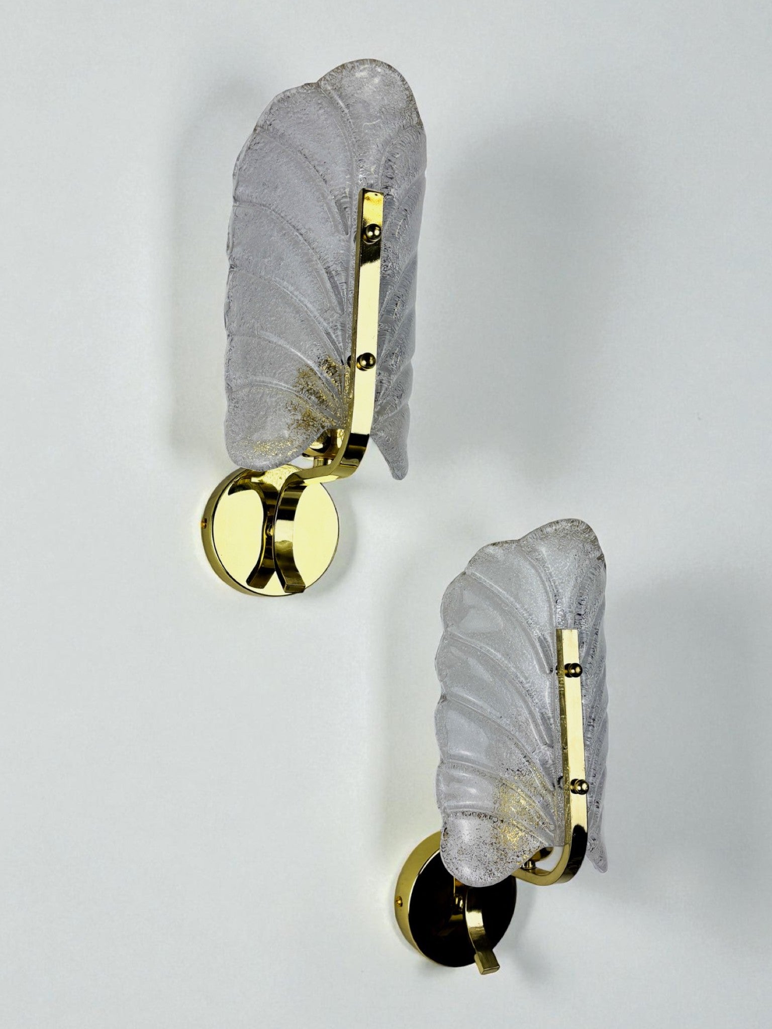 Pair of Murano Frosted Leaf Sconces, Textured Glass & Gilt Details, Circa 1970's