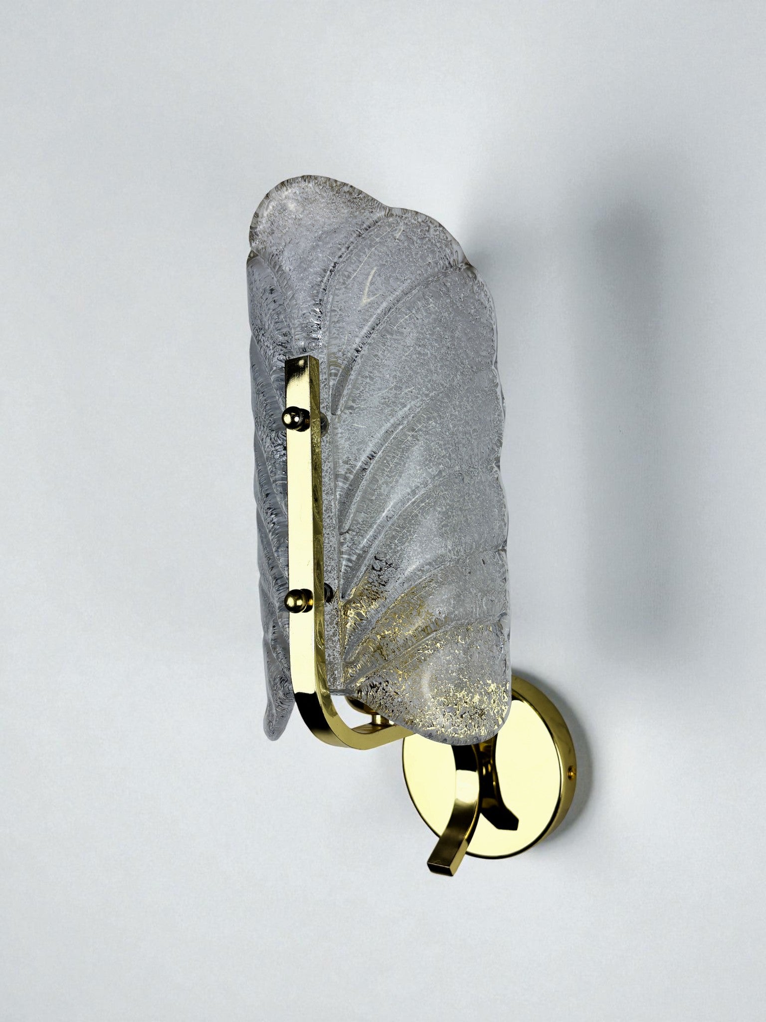 Mid-century Frosted Leaf Sconce, Textured Murano glass & Gilt Details, Circa 1960's