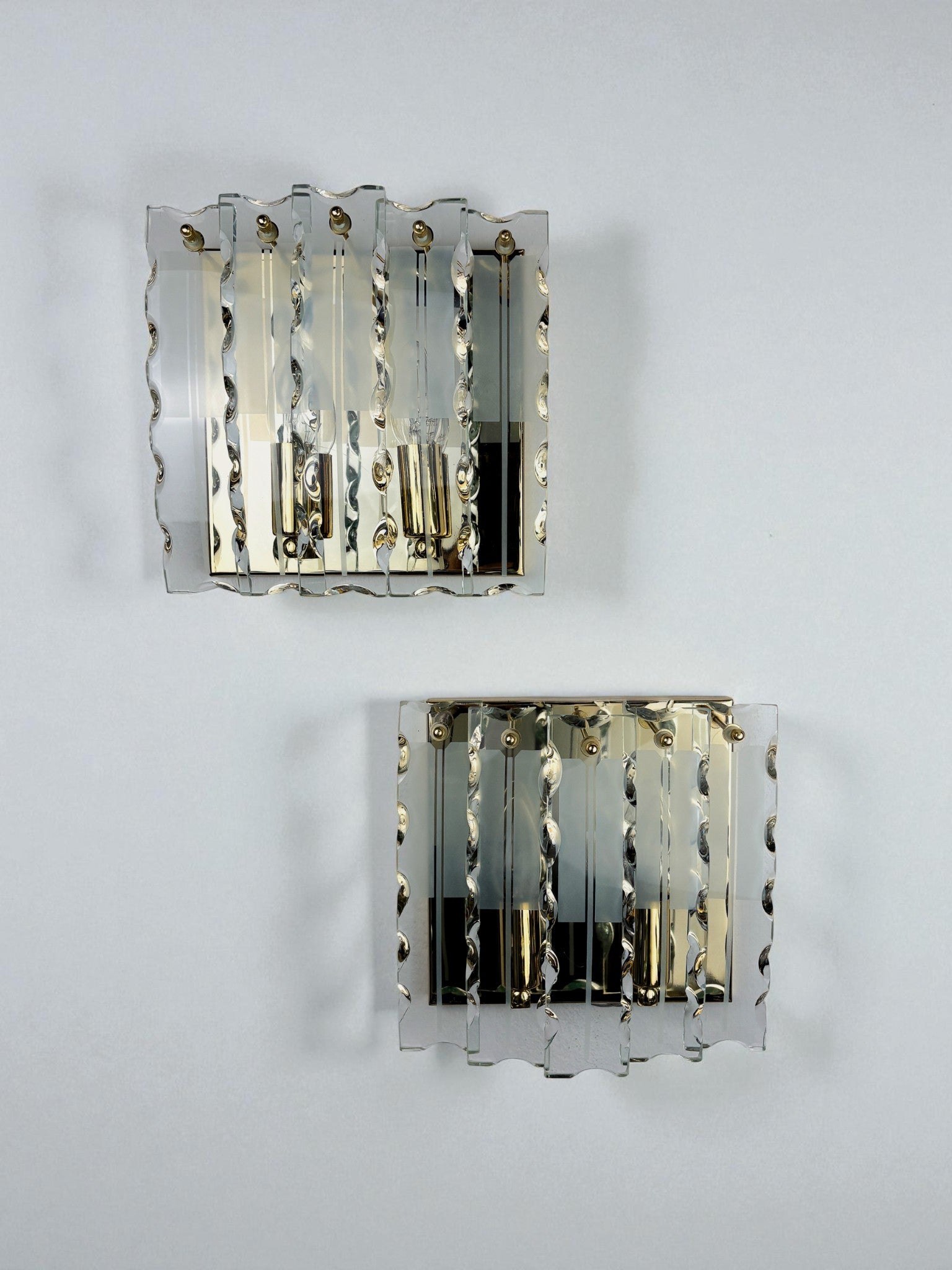 Pair of Zero Quattro Sconces by Fontana Arte, Murano Cut Glass, Italy, Circa 1970's