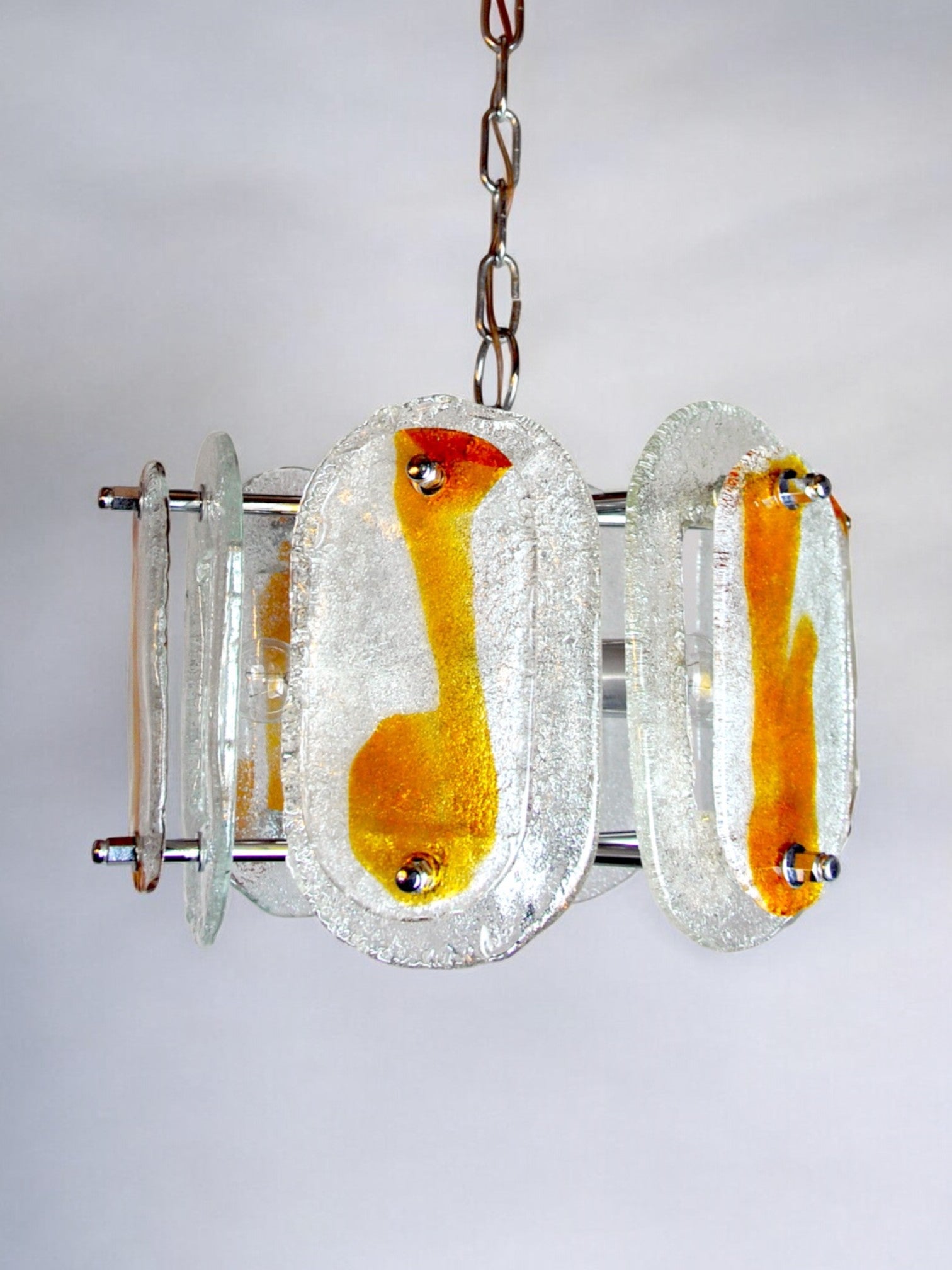 Mazzega murano chandelier, orange frosted glass, italy, 1970
