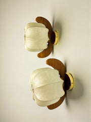 Pair of "Cocoon" wall lights, resin and pine wood, Italy, 1970's
