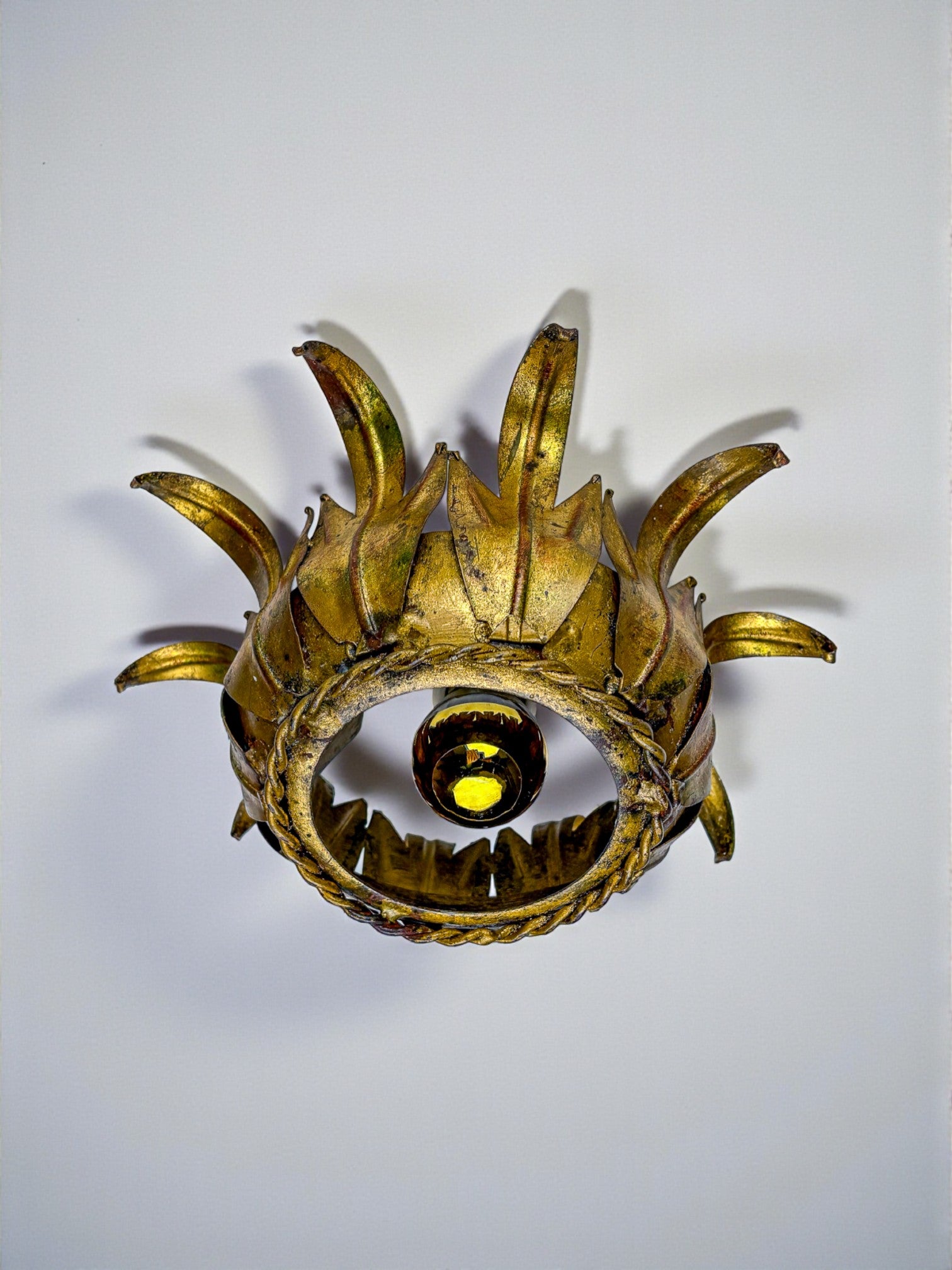 Sunburst ceiling light fixture or sconce in Gilt Wrought Iron, Spain, 1960s