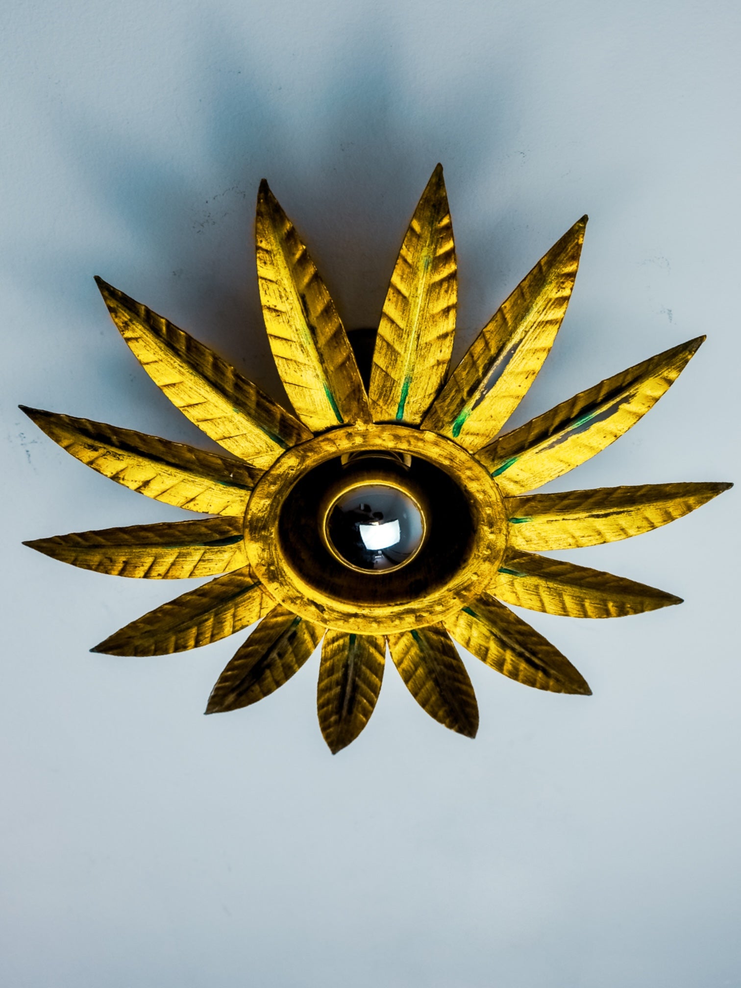 Mid-Century Spanish Sunburst Flush Mount Light in Gold Iron by Ferro Art