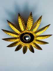 Mid-Century Spanish Sunburst Flush Mount Light in Gold Iron by Ferro Art